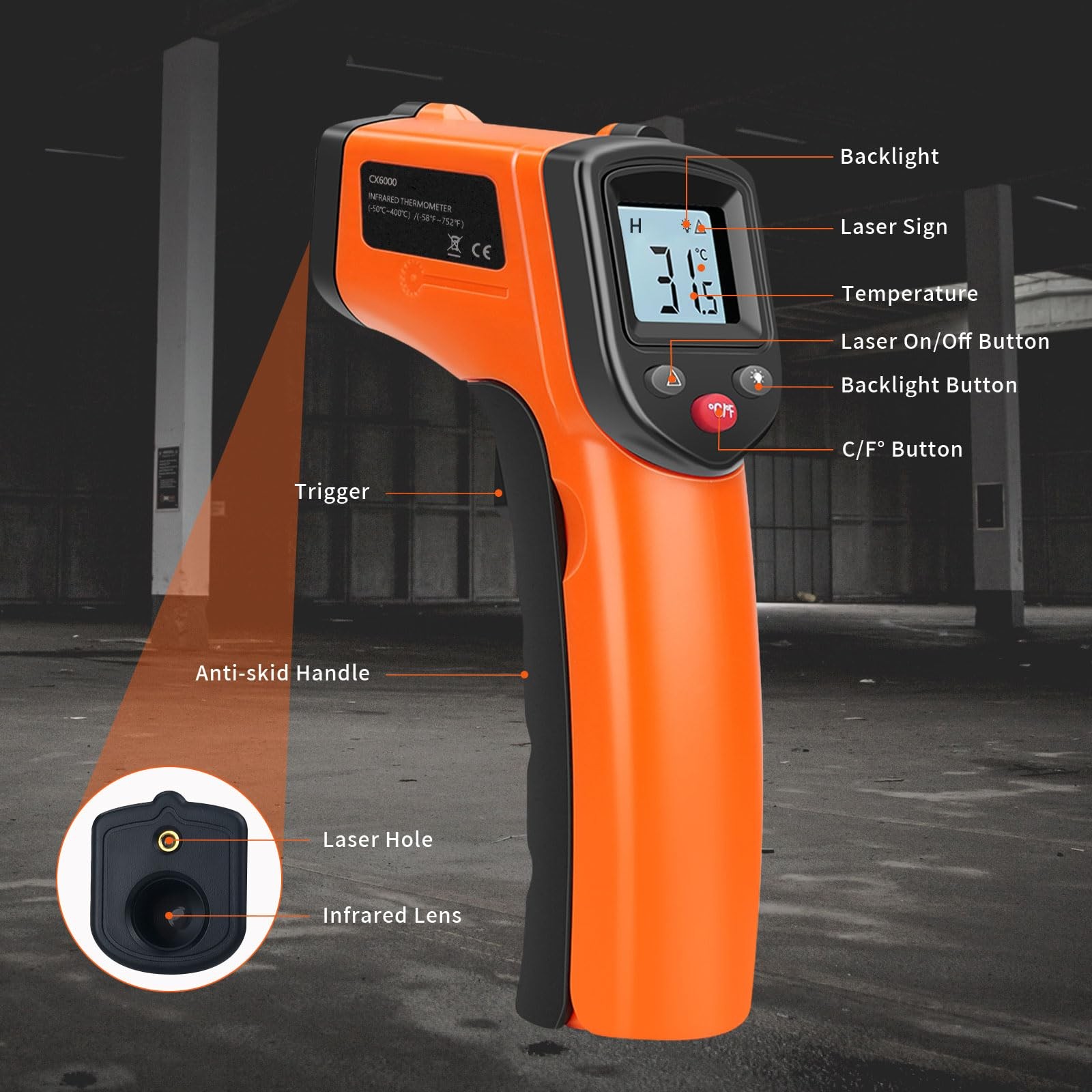 Huijigemy Non-Contact Infrared Thermometer Gun X6000- Handheld Digital Orange