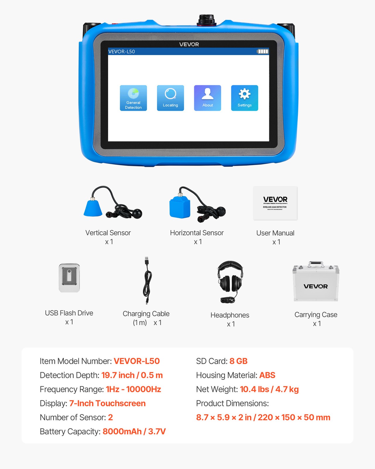 VEVOR Pipe Water Leak Detector for Indoors 1Hz-10000Hz 7″ Touchscreen 2 Sensors