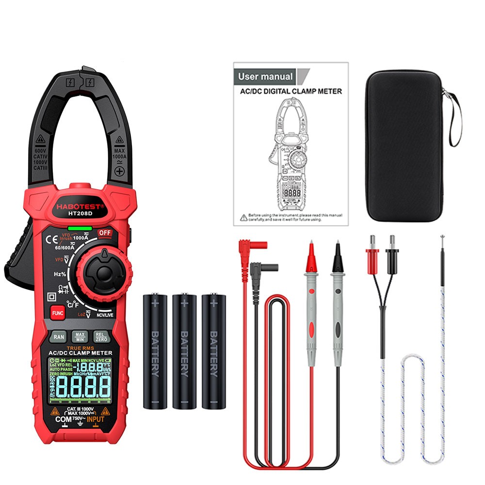 HABOTEST HT208D Digital Clamp Multimeter Volt Am Ohm Tester True RMS Battery