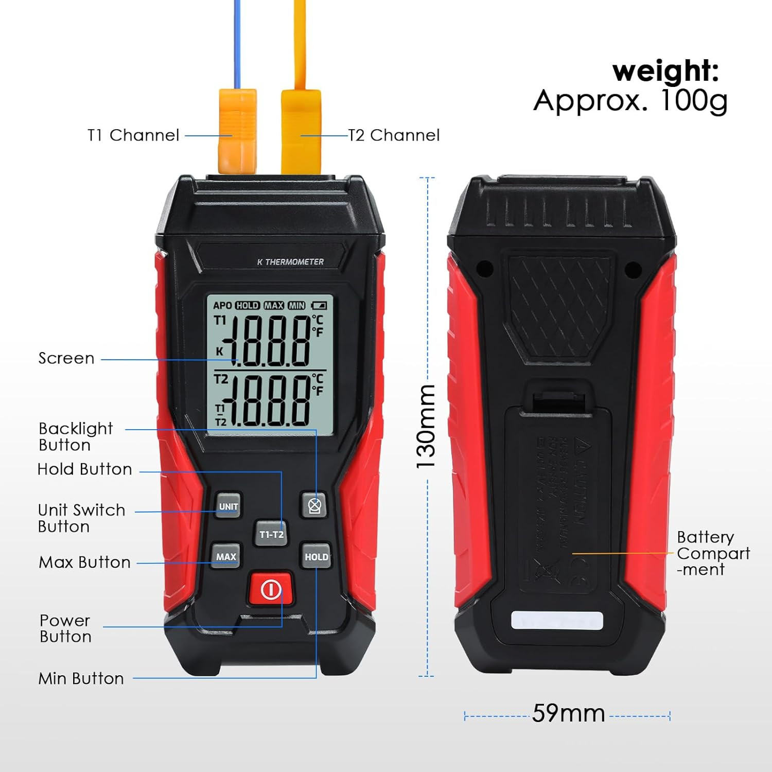 Digital Thermometer HVAC Dual Channel K Type Temperature Clamp (-328~2501℉) with