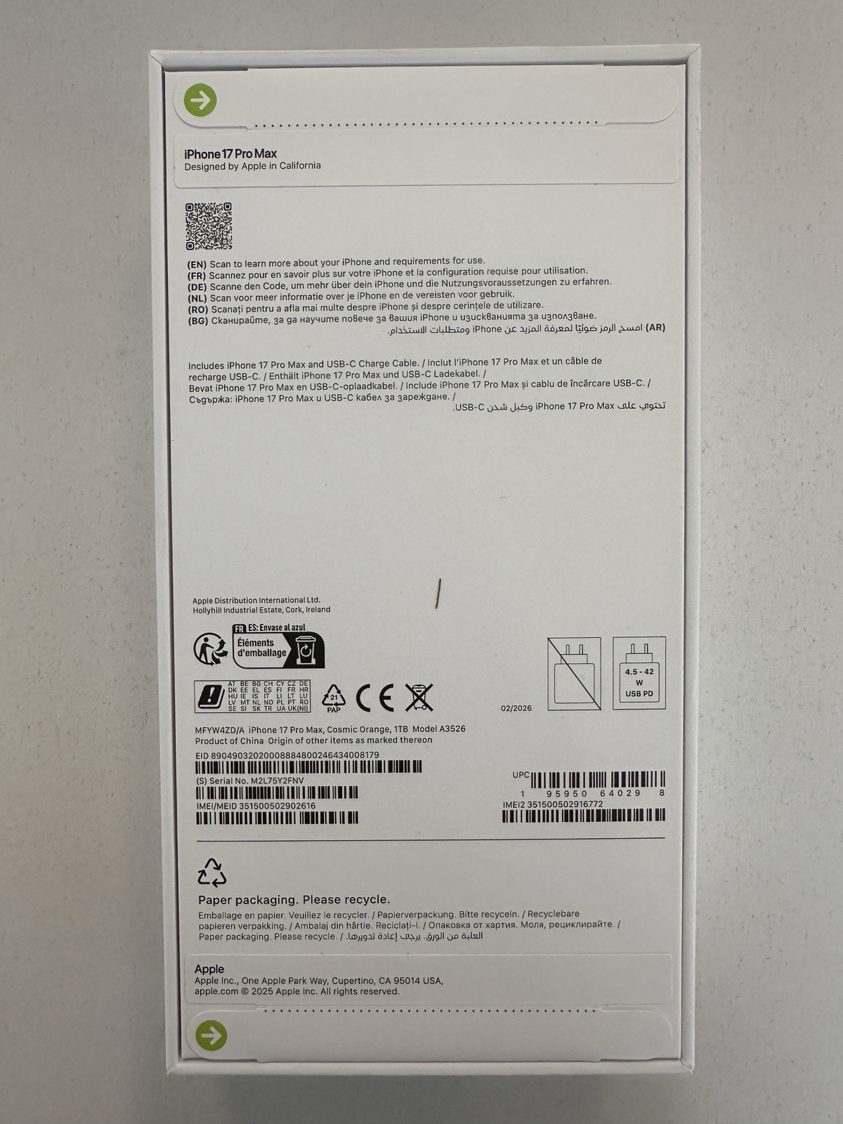 Apple iPhone 17 Pro Max Cosmic Orange 1TB USB-C USB-PD Fast Charging