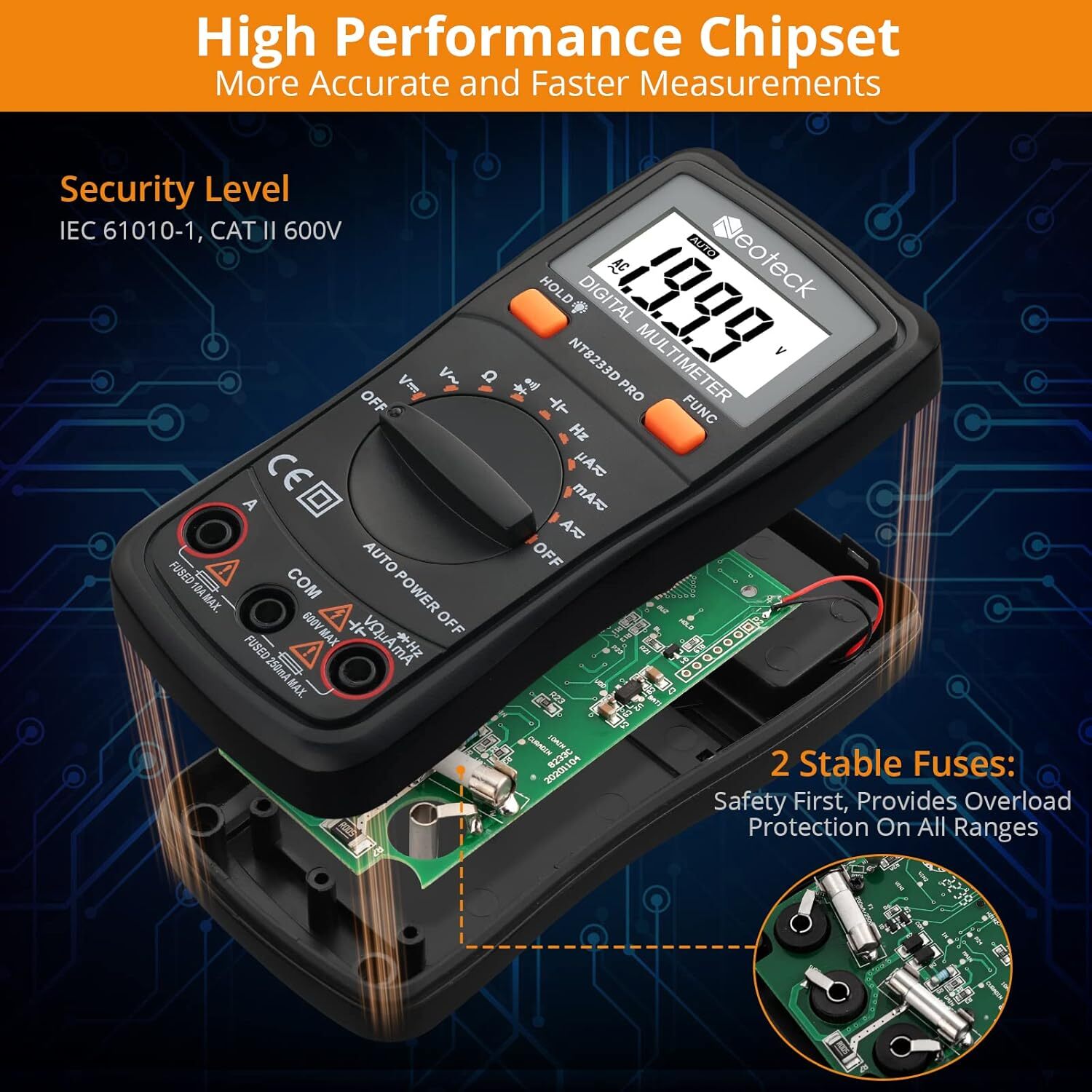 Neoteck 8233D Pro Pocket Digital Multimeter Orange 2000 Counts Backlit Display
