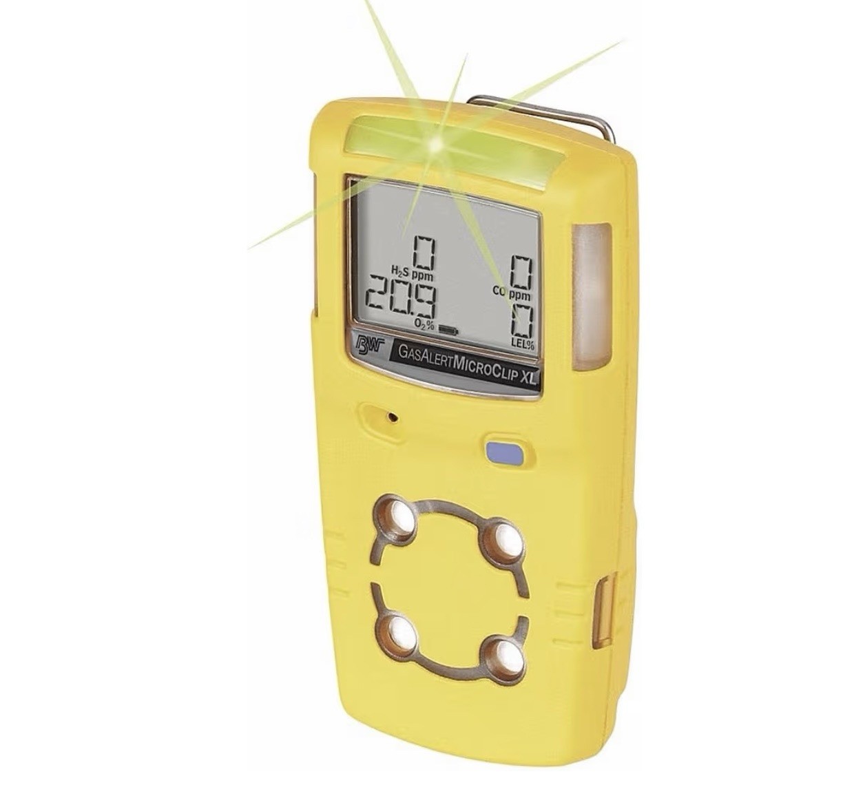 BW Technologies MCXLXWHMYNA GasAlertMicroClip XL 4 Gas DetectorCO H2S LEL and O2