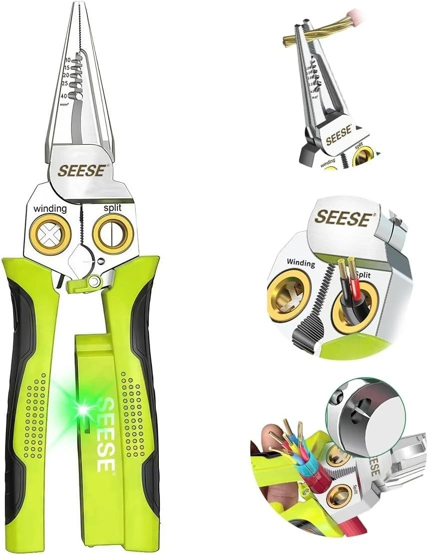 SEESE 8-in-1 Wire Stripper for Electrician: Needle Nose Pliers with Green