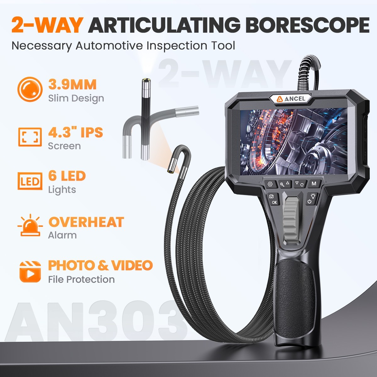 4.3inch 2-Way 210° Articulating Borescope Industrial Endoscope Inspection Camera