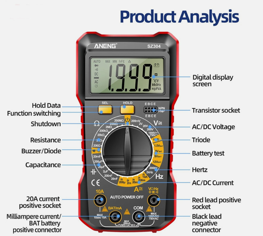 SZ304 Multifunction 1999 Counts Digital Multimeter True RMS Handheld Tester Hot