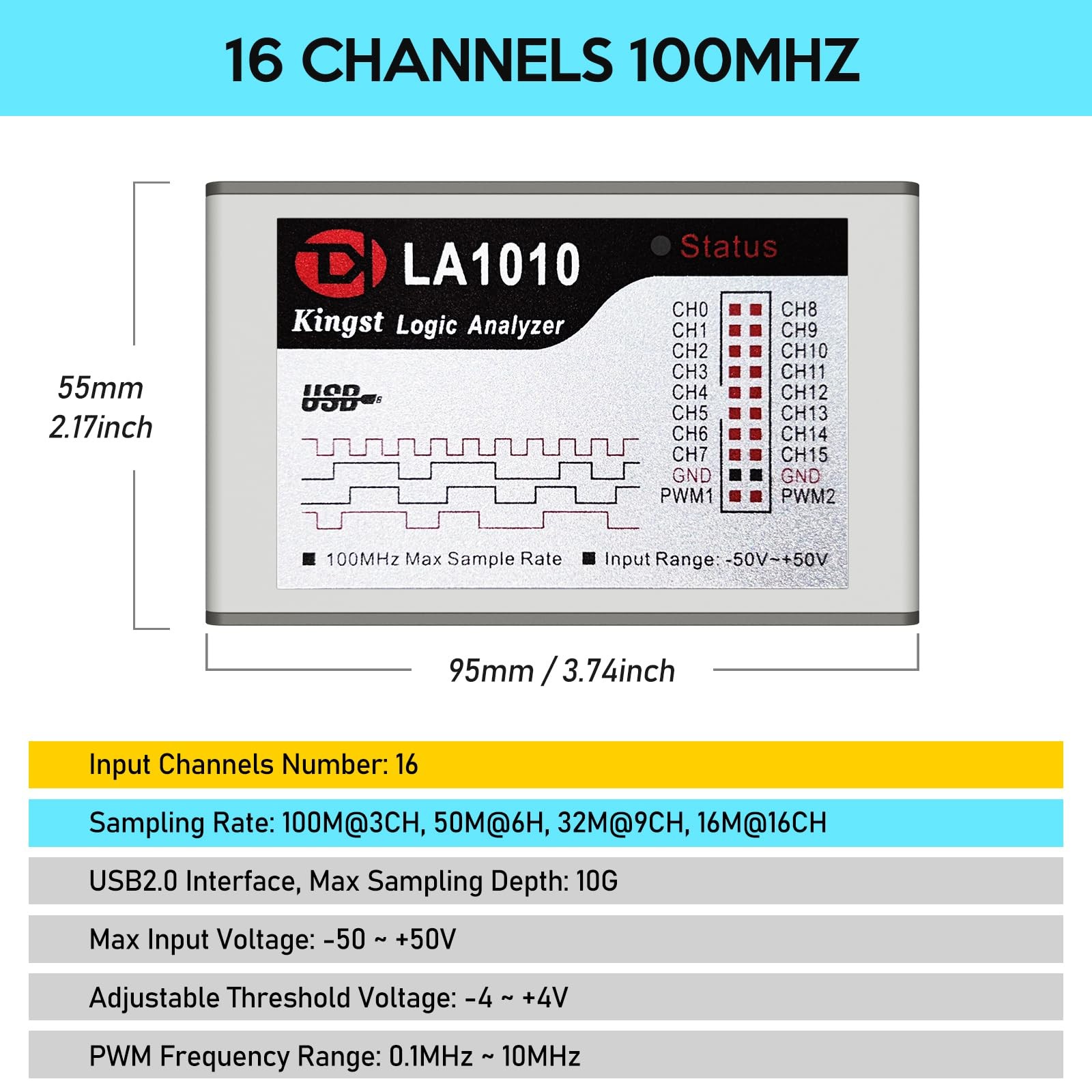 LA1010 USB Logic Analyzer 16 Input Channels 100MHz with The English PC Software