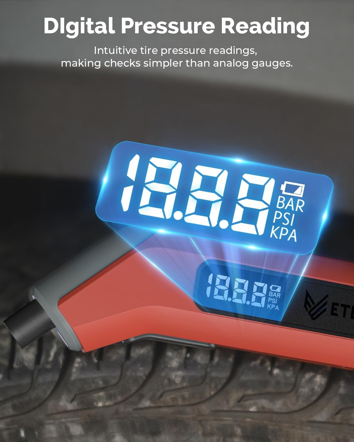 ETENWOLF T300 Digital Tire Pressure Gauge 3-200 PSI ANSI Calibrated Orange