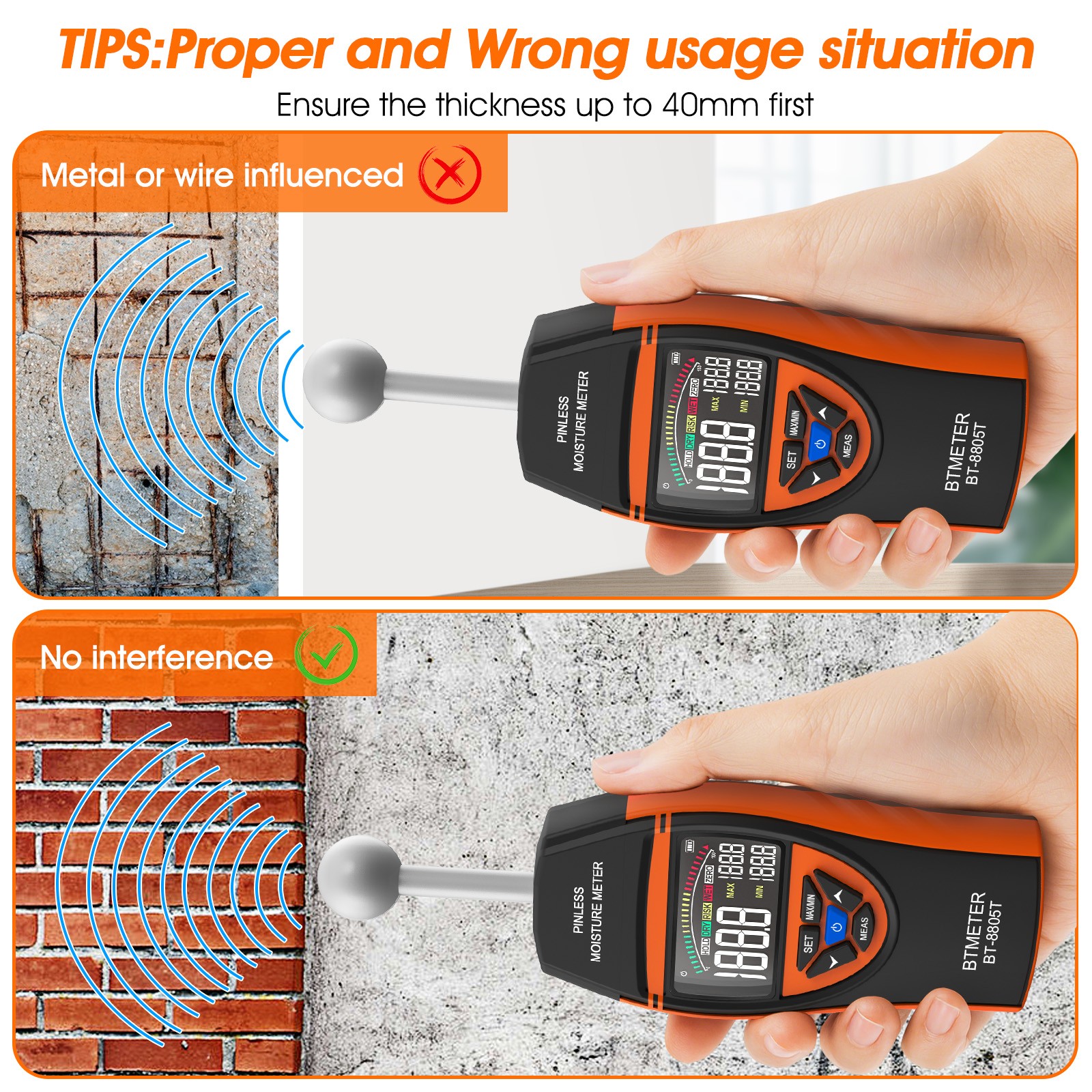 Wood Moisture Meter for Lumber Drywall Pinless Moisture Tester Moisture Sensor