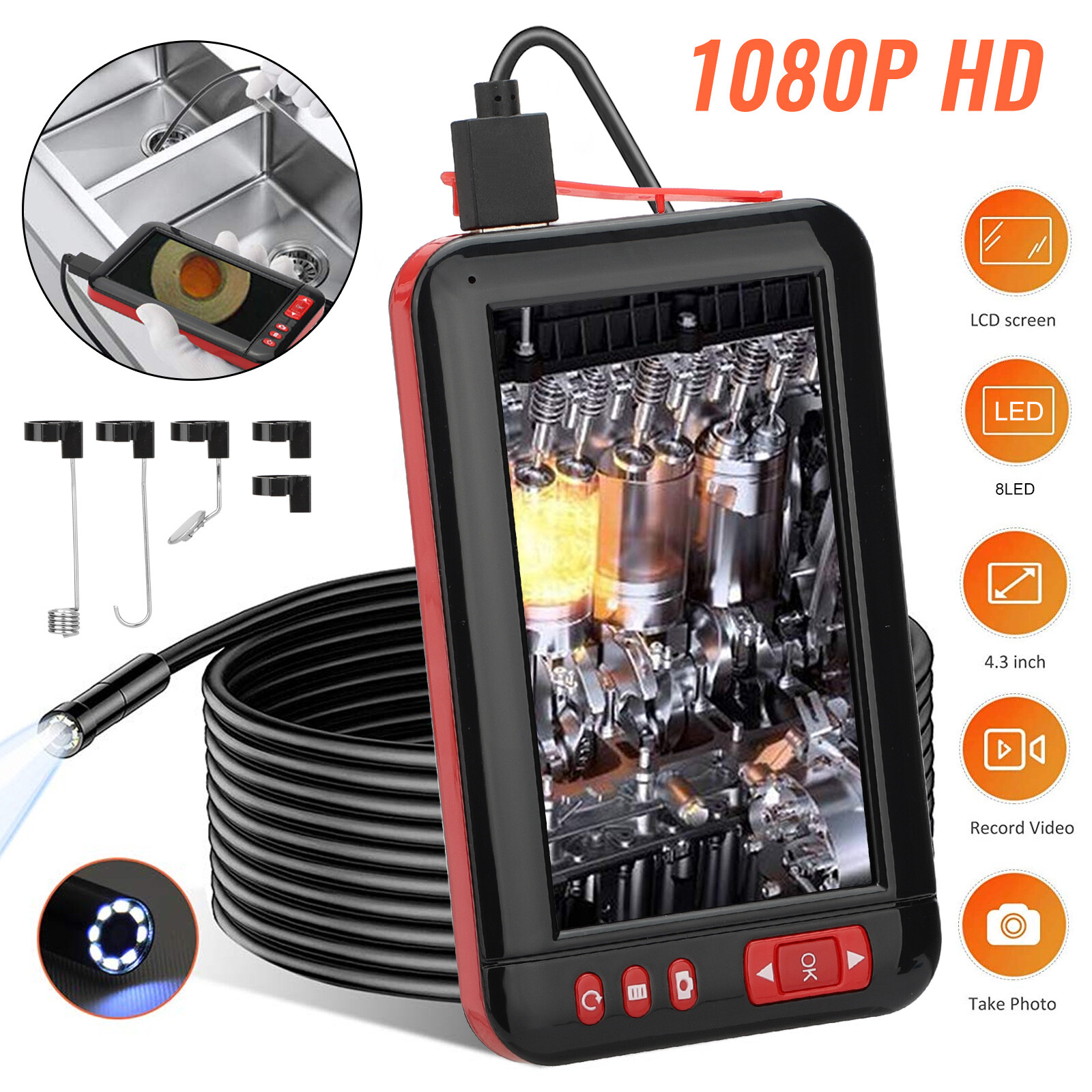 1080P HD Industrial Endoscope Borescope 4.3” Screen 8mm Inspection Snake Camera