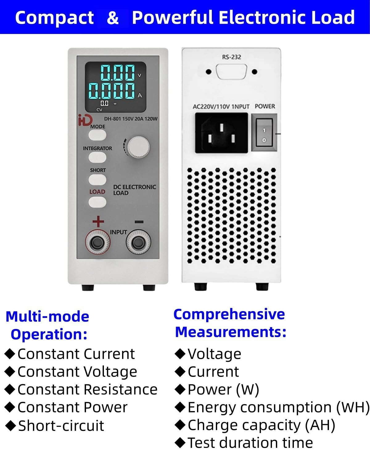 Programmable DC Electronic Load 120W, 0~150V, 0~20A, 0.1~999.9 Ohm,Support Cc(Co