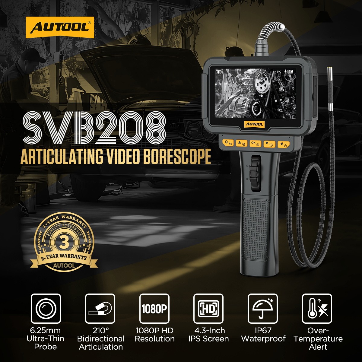 Industrial Endoscope 1080P HD 5” Screen Borescope Inspection Camera Autofocus