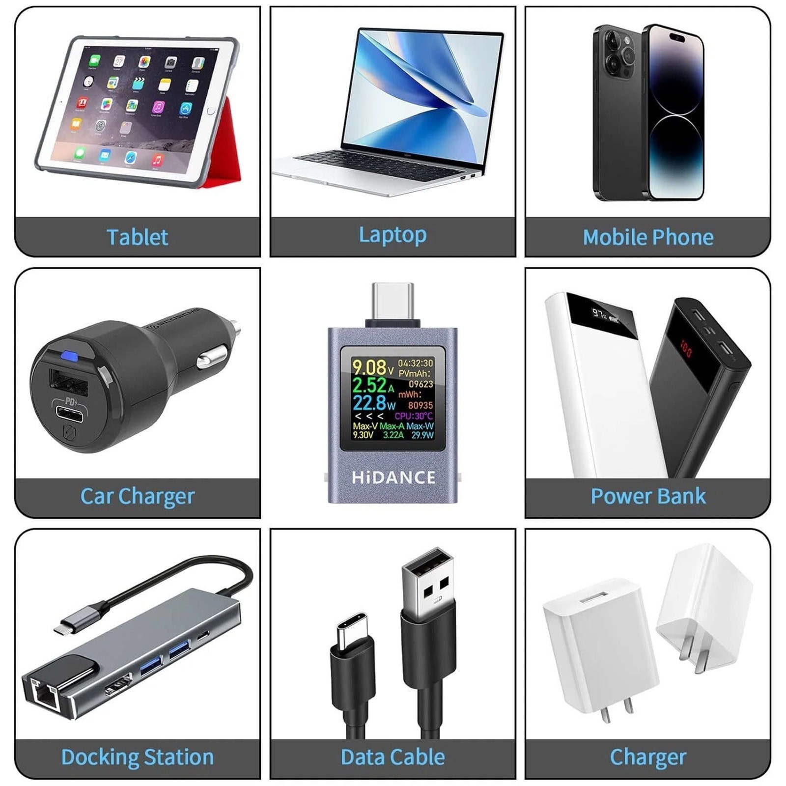 USB C Power Bank Tester Capacity Detection 50V Input PD3.1 Support Color Screen