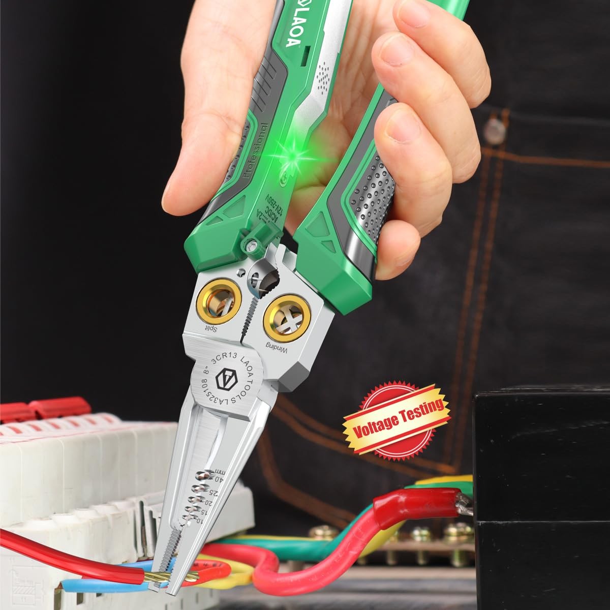 LAOA 8-in-1 Rechargeable Electrician Pliers with Voltage Tester, USB-C Green