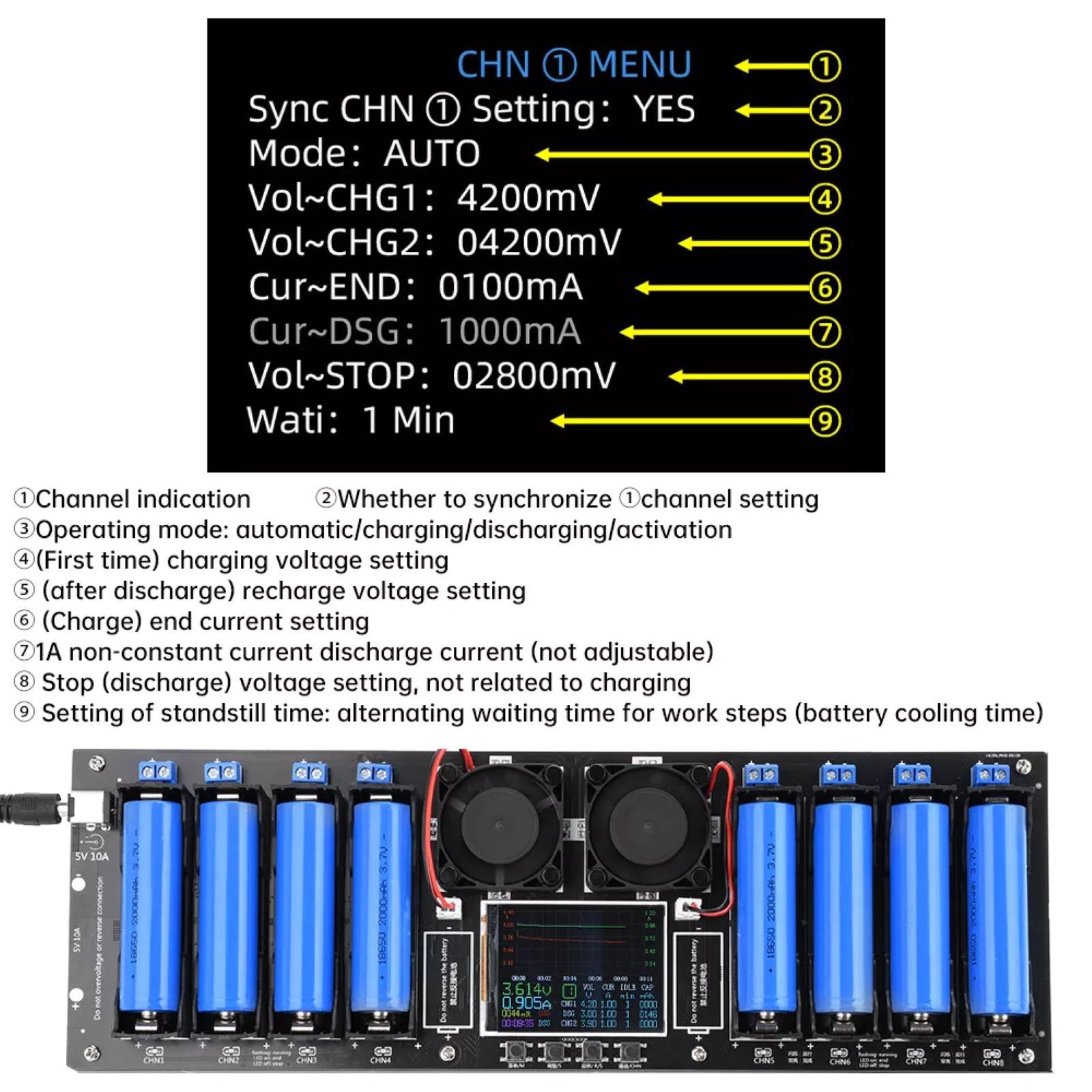 8CH 2.4in LCD Screen Internal Resistance Tester Charging Discharging DC
