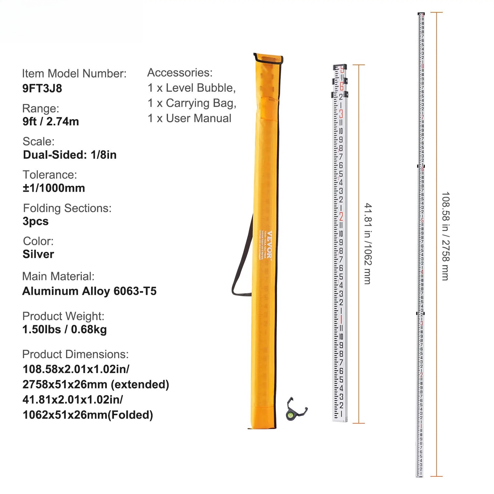 Telescopic Aluminum Survey Rod 9ft 3 Section 1/8in Scale Construction Measuring