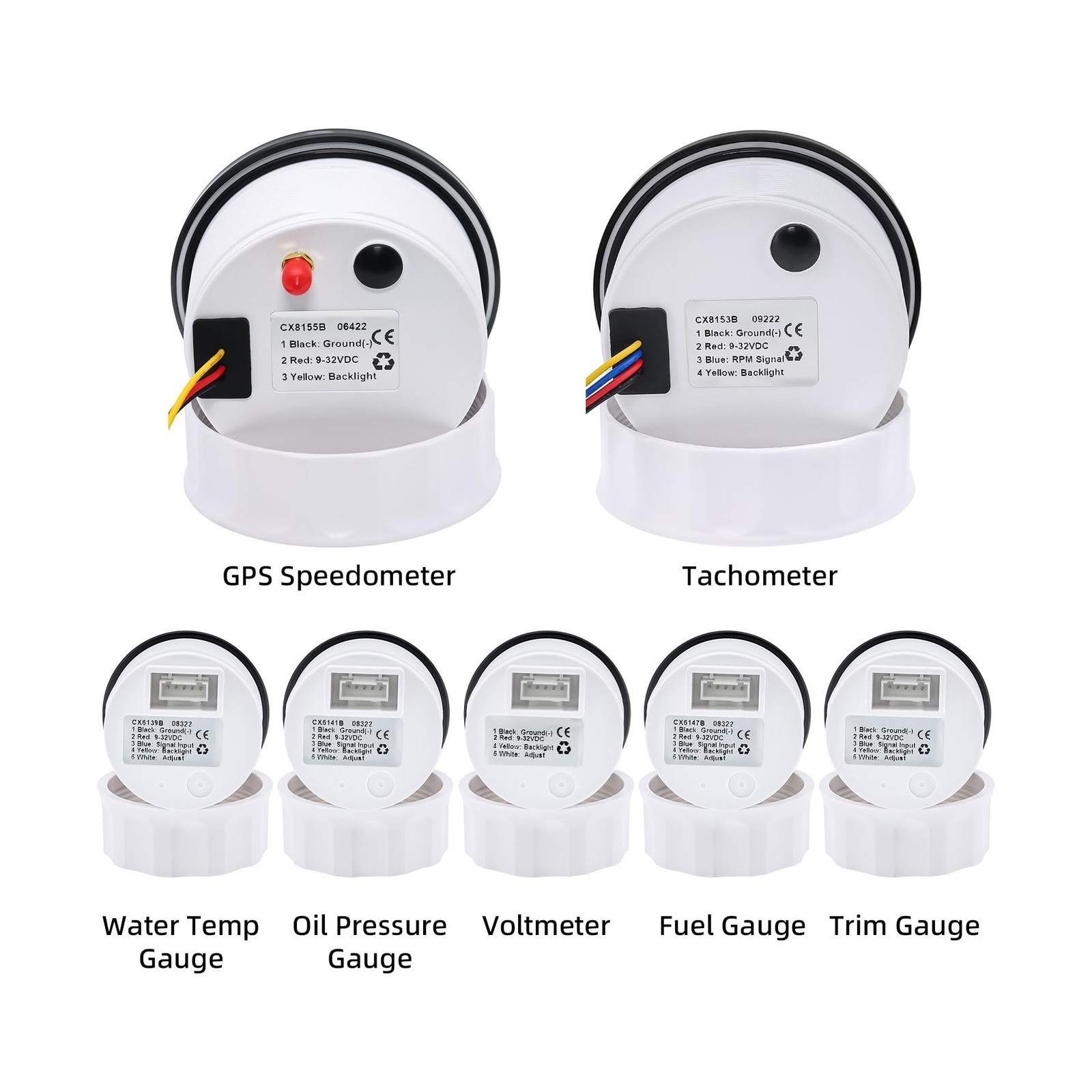 7 Gauge Set w/ GPS Speedometer, Tachometer – Marine Boat Gauge Black