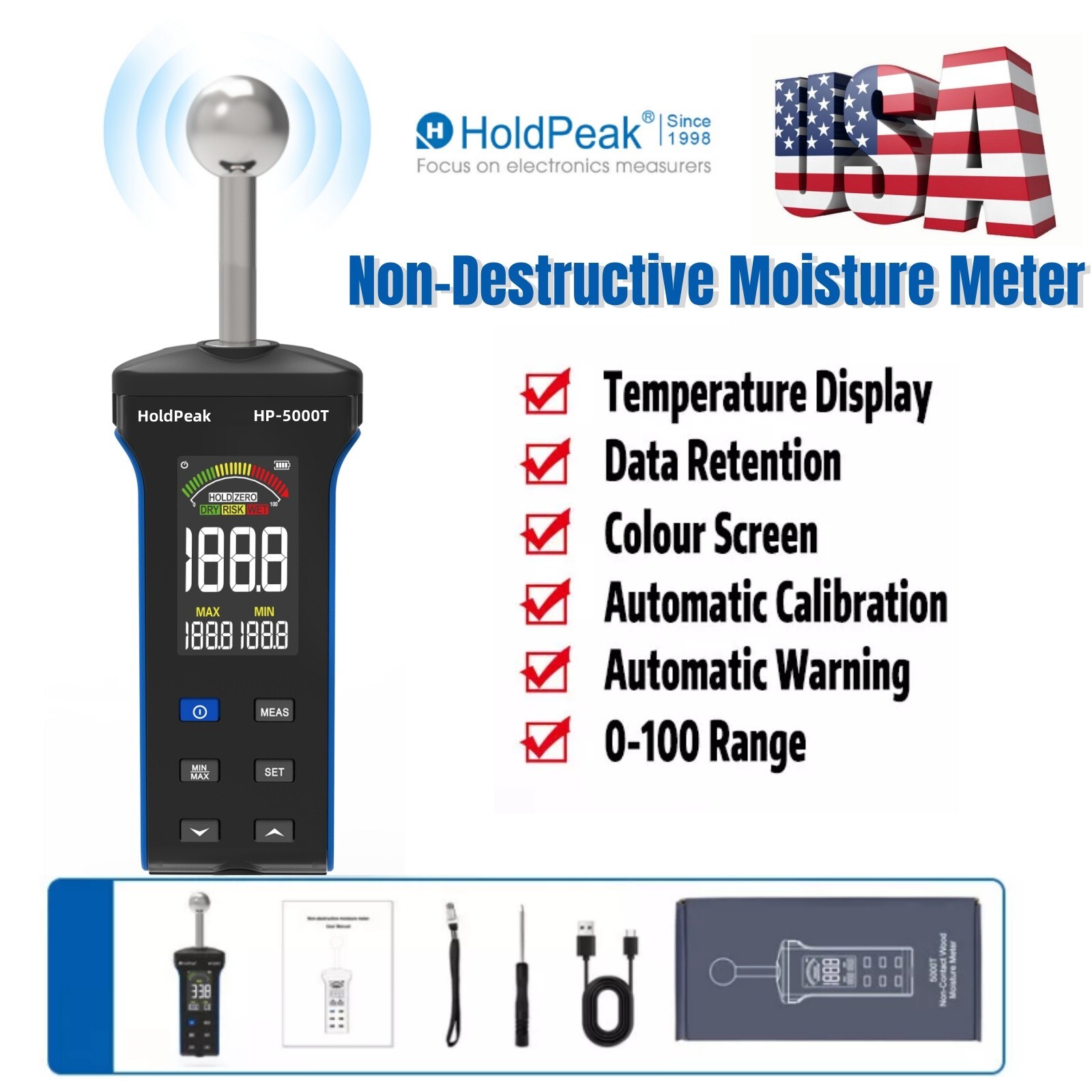 HOLDPEAK Pinless Wood Moisture Meter 20-40mm for Wood Concrete Walls Floor LCD