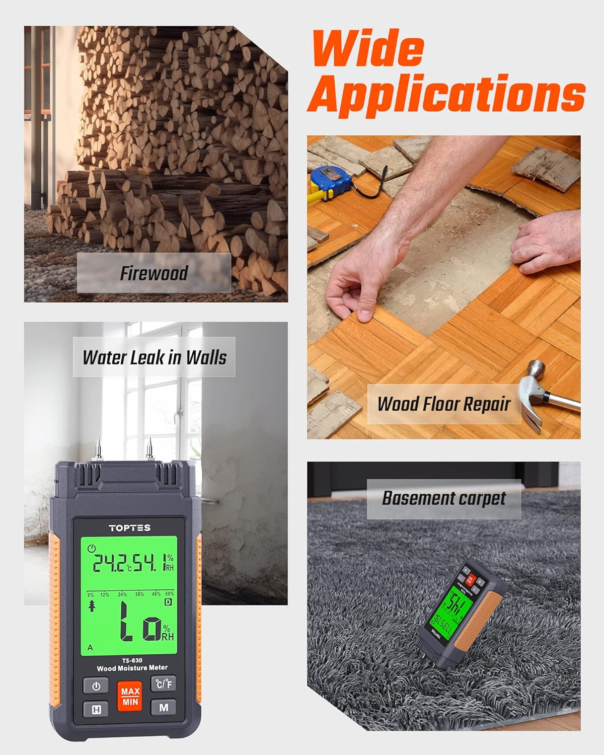 Wood Moisture Meter, Digital Moisture Meter TS-630, Handheld Humidity