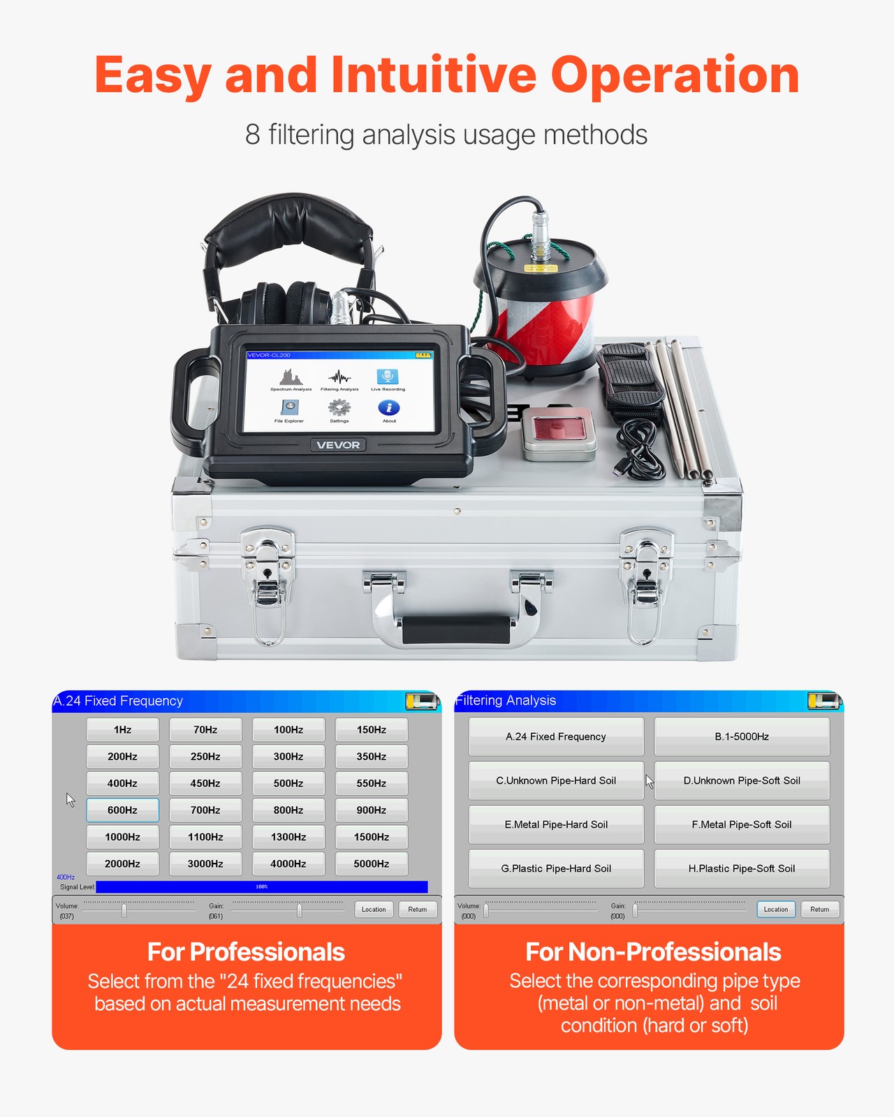 VEVOR Pipe Water Leak Detector 1Hz-5000Hz 7″ Touchscreen Leak Detection Locator