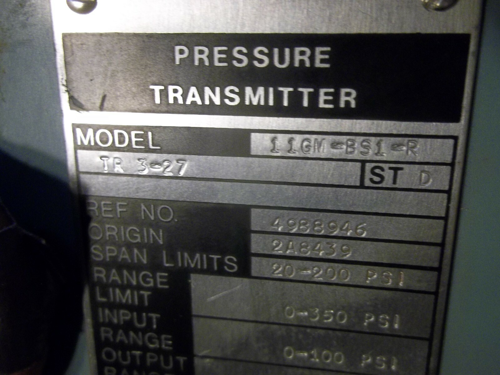 FOXBORO 11GM-BS1-R PRESSURE TRANSMITTER TR3-27 0-350 RANGE LIMIT (M5)