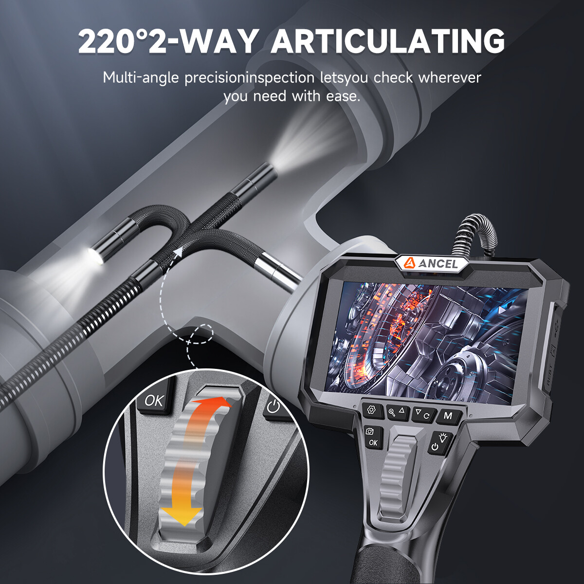 ANCEL 220° Articulating Endoscope Inspection Camera 4.3 Inch HD Borescope 6.2mm
