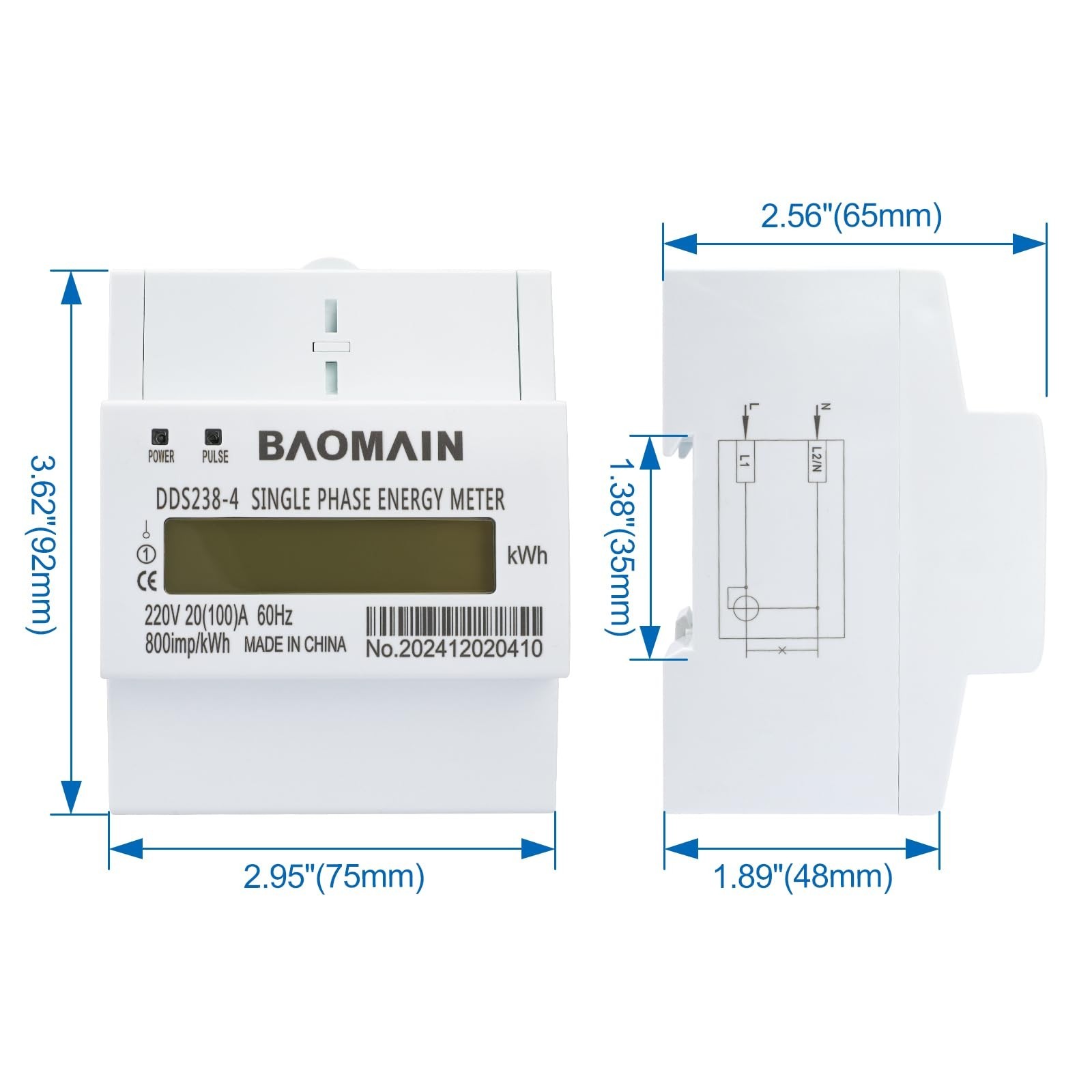Single Phase DIN Rail 220V kWh Meter, AC Electricity Monitor, 20A/100A, LCD Disp