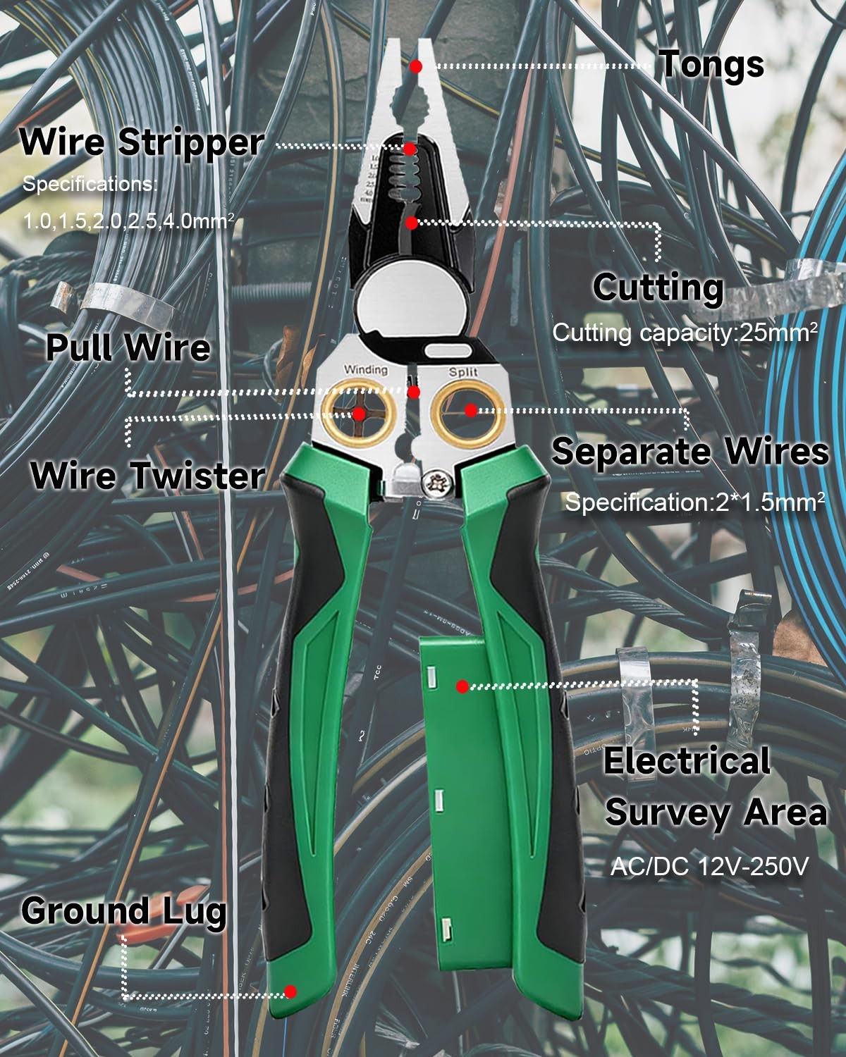 8 in 1 Wire Stripper With Voltage Tester – Electrician Tools Green