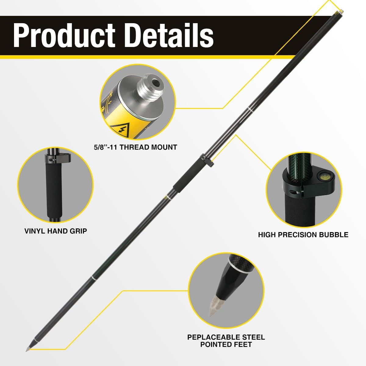 Carbon Fiber GPS Pole, 6.6FT Surveying Prism Pole, 4 Sections GPS Rover Rod, 2M