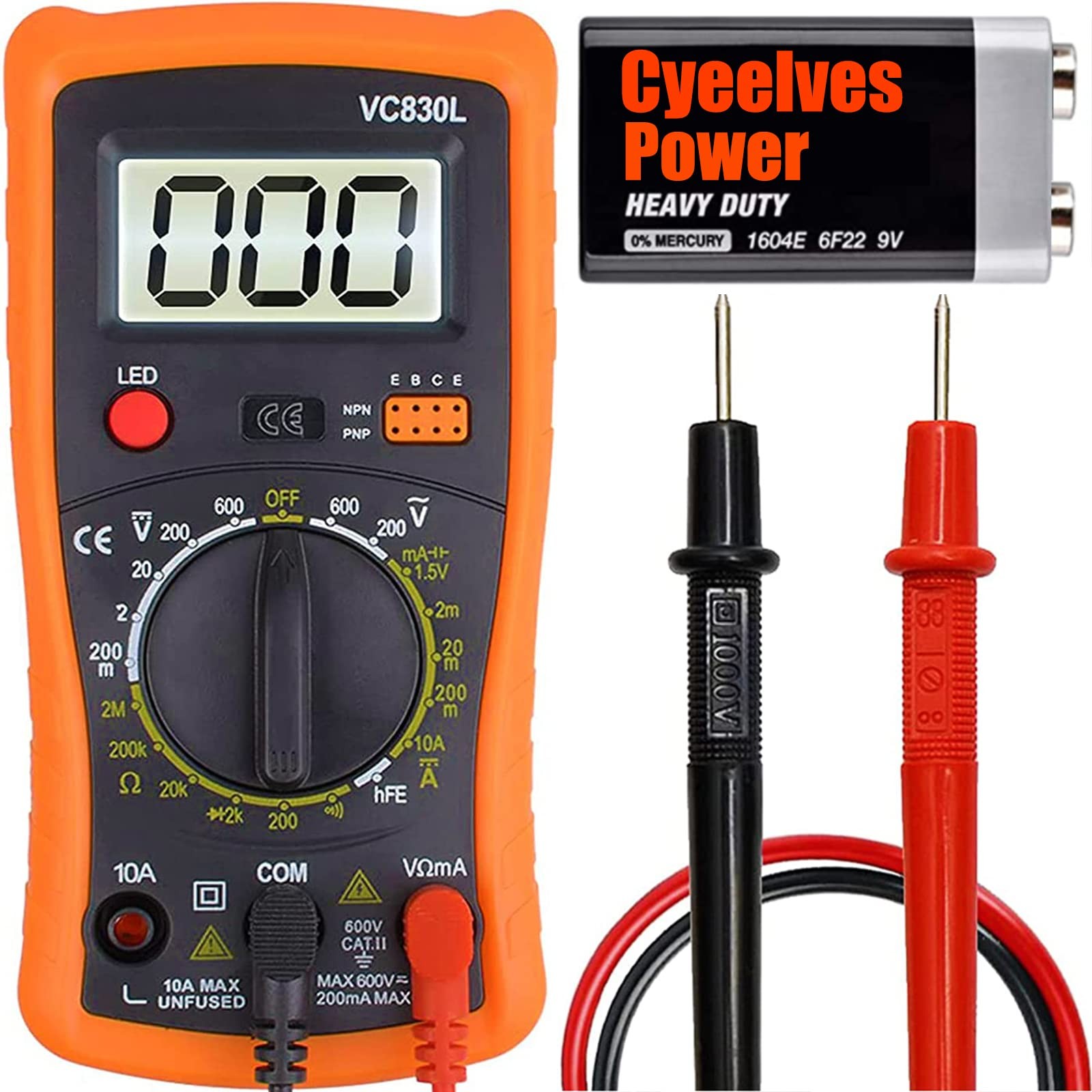 Digital Multimeter, Multimeter with AC DC 5.3 X 2.7 X 1.2 inches, Orange