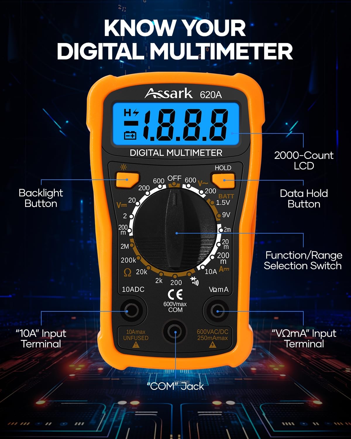 Digital Multimeter 2000 Counts AC DC Volt Current Tester LCD Data Hold