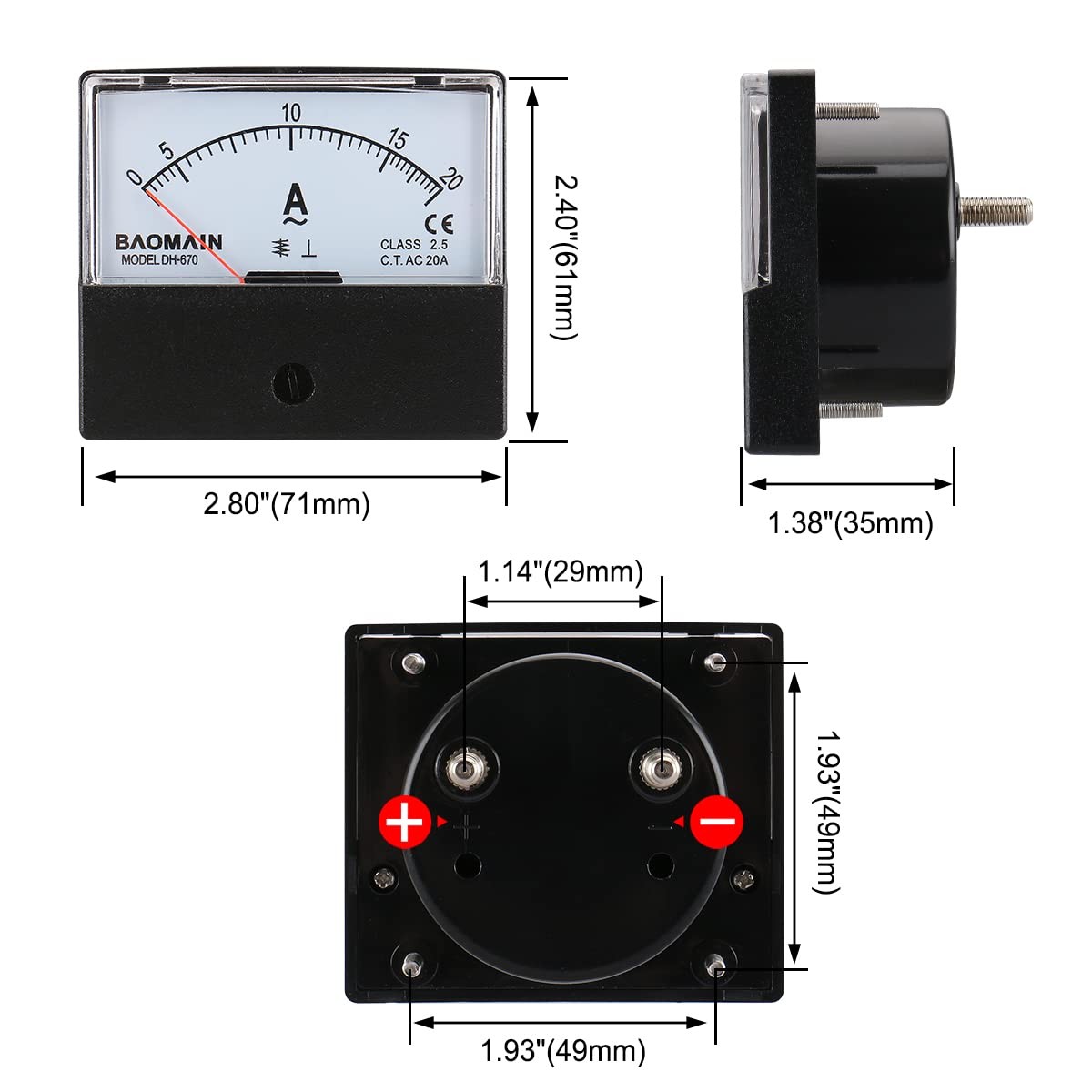 AC Amperemeter Panel Meter 020A Rectangular Needle Gauge for Accurate Readings