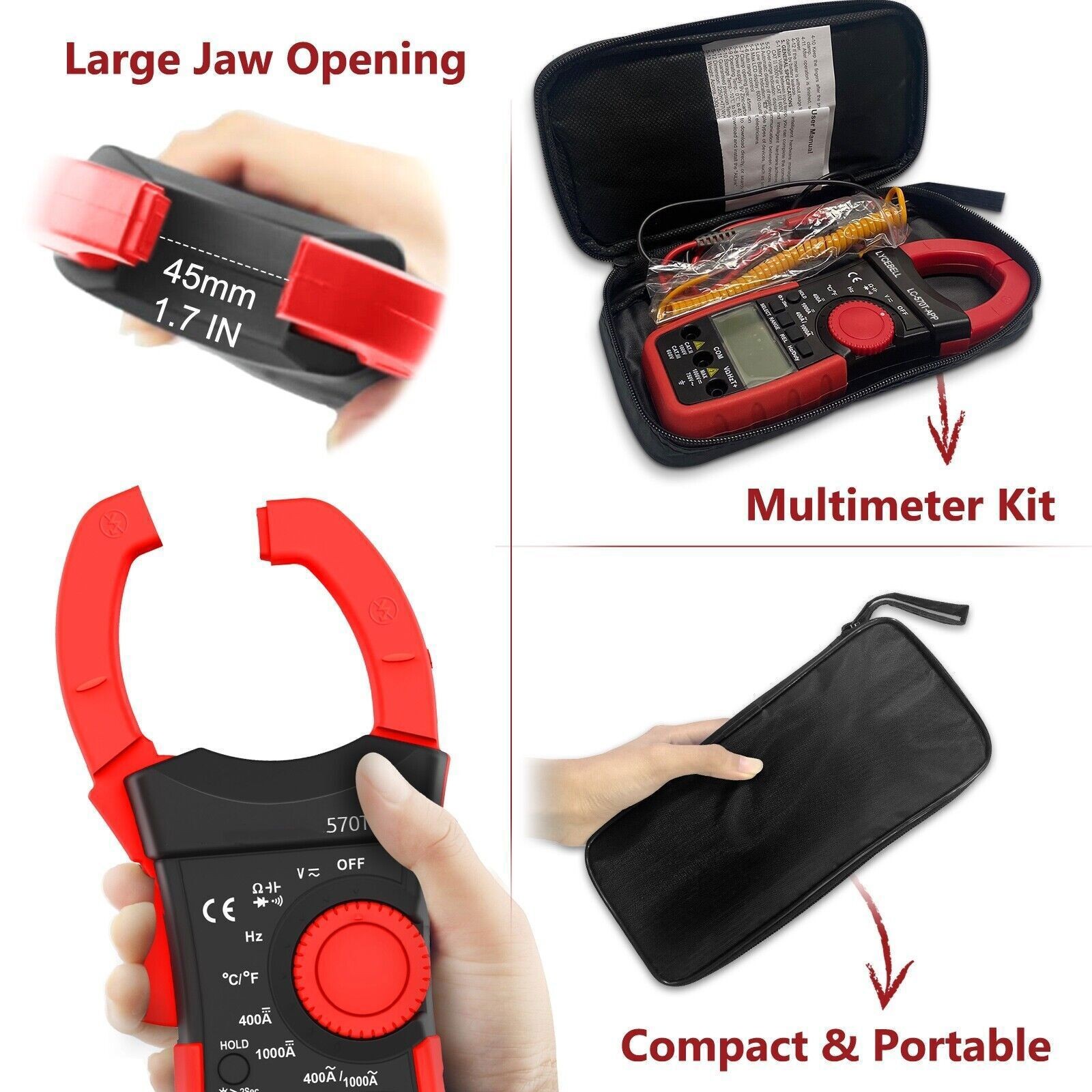 1000A AC/DC Current Amp Clamp Meter Auto Range Clamp on Ammeter Multimeter Temp