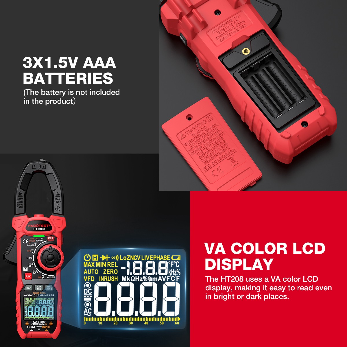 HABOTEST HT208A Handheld Clamp Meter Volt Am Ohm NCV DC AC MAX 1000V True RMS
