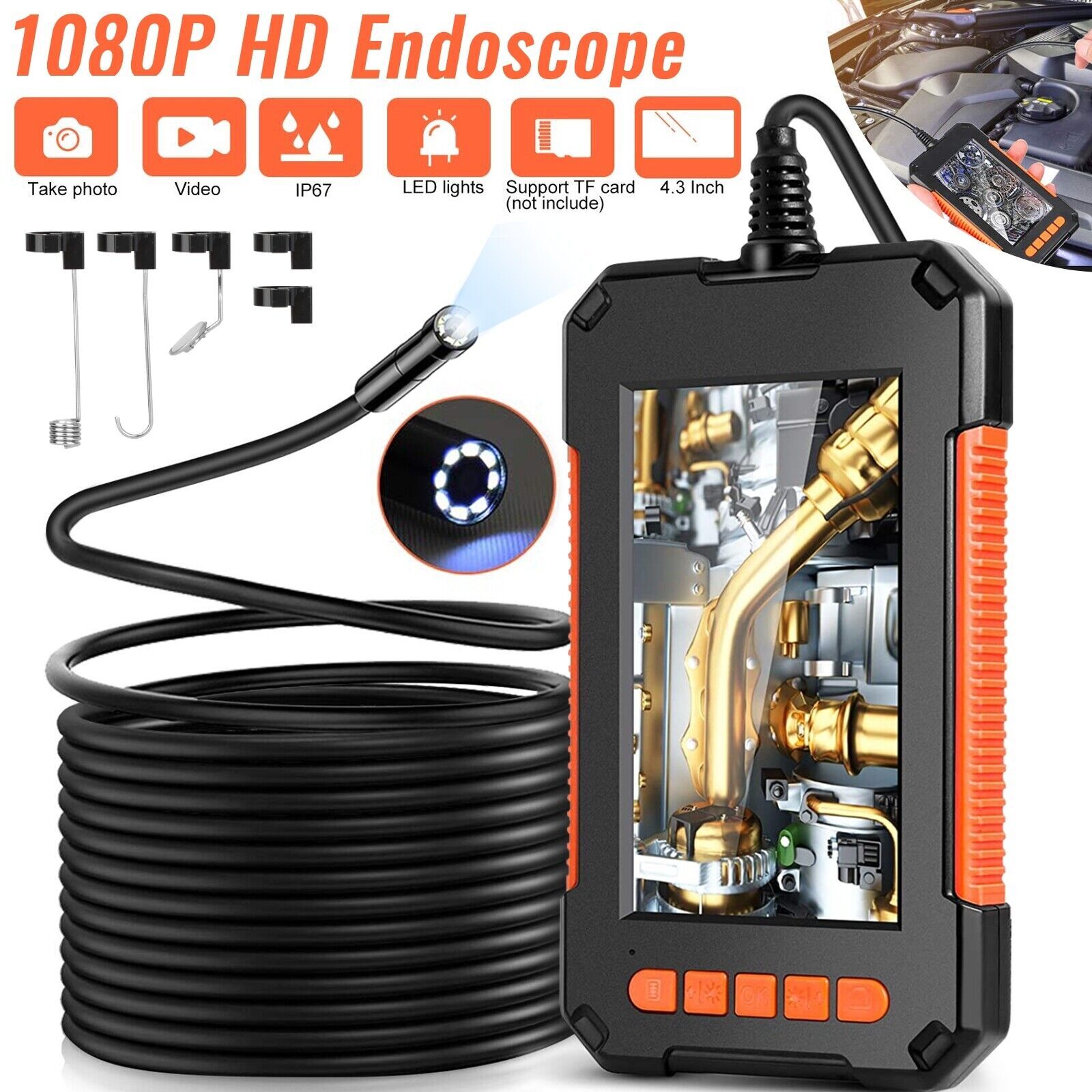 1080P HD Industrial Endoscope Borescope LCD 4.3inch 8mm Inspection Snake Camera