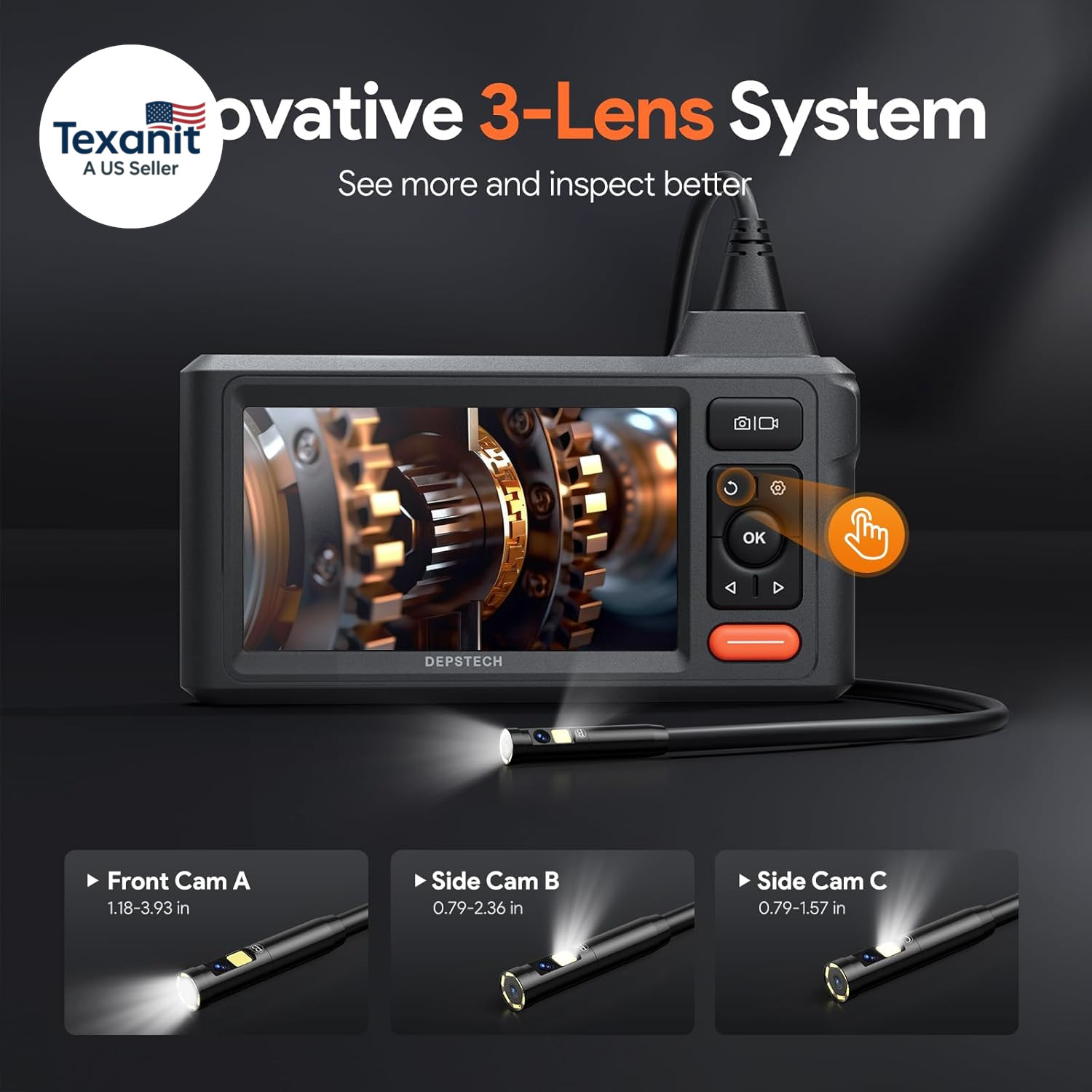 50Ft Sewer Camera, 1080P HD Triple Lens Borescope, 5″ IPS Screen Endoscope with