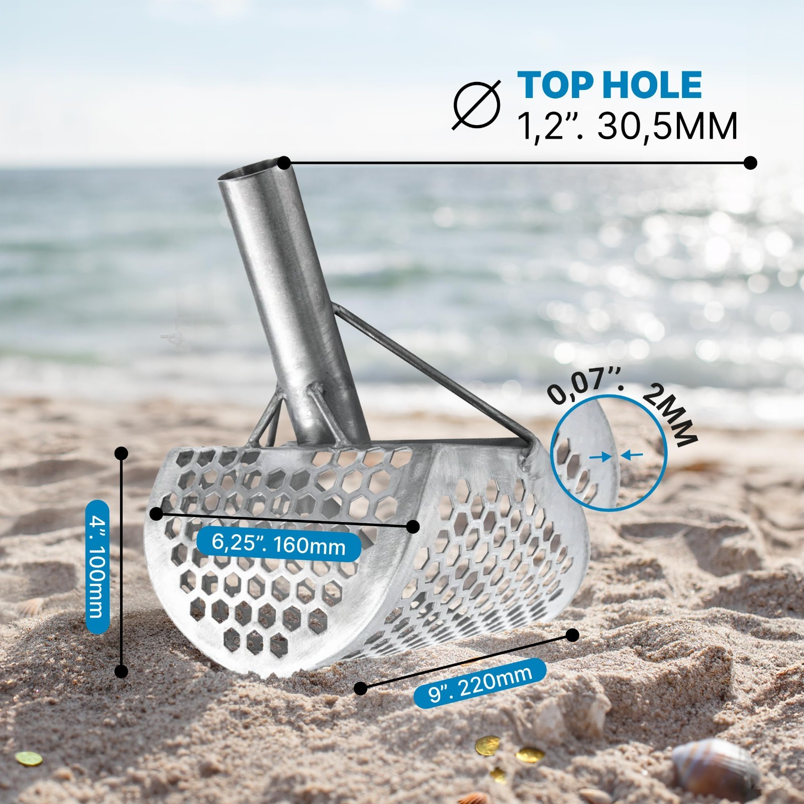 Heavy Duty Sand Scoop for Metal Detecting – Stainless Steel Sifter Shovel 9×6