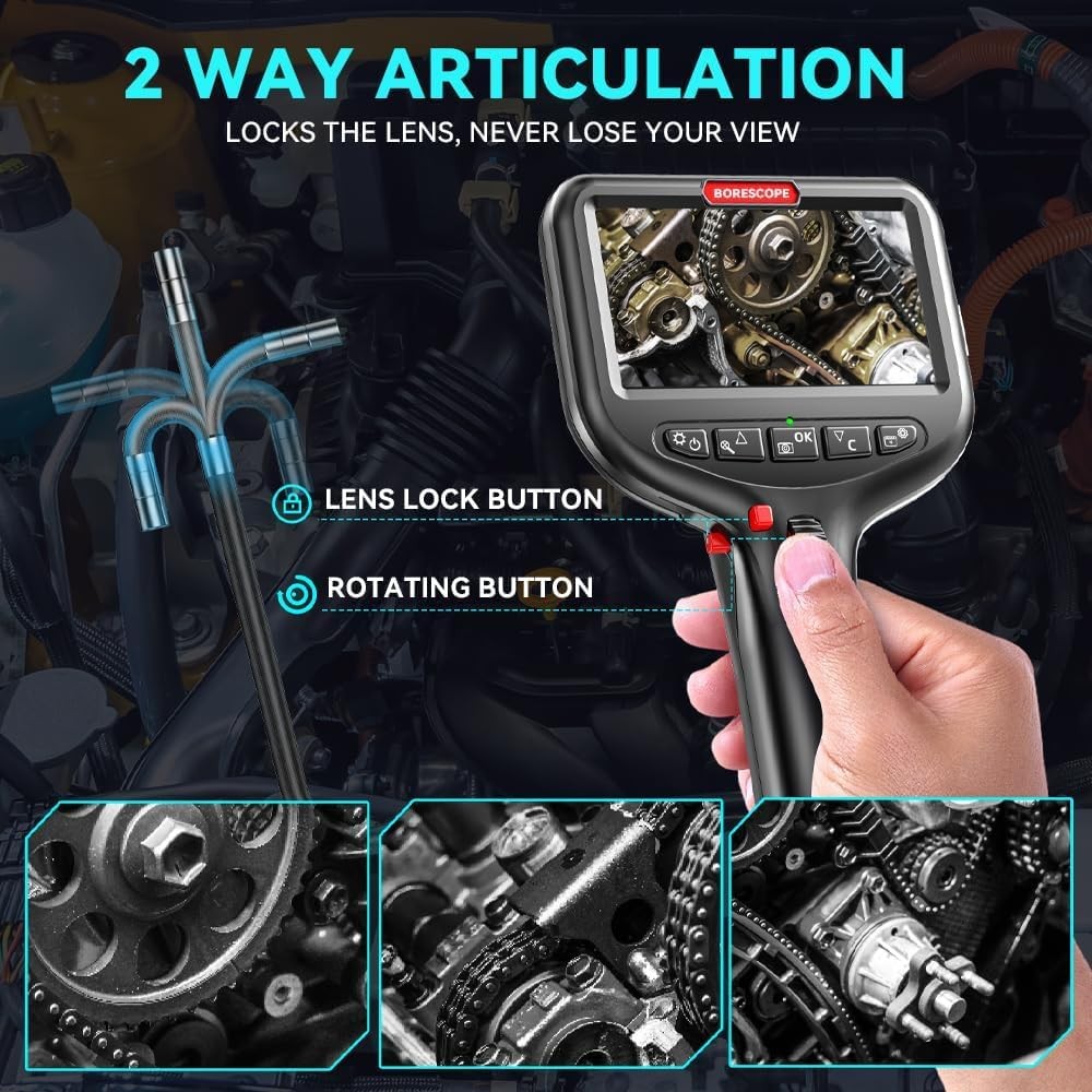 0.24 Inch Articulating Borescope Camera, 1080P HD, 4.3 Inch Display, With Light