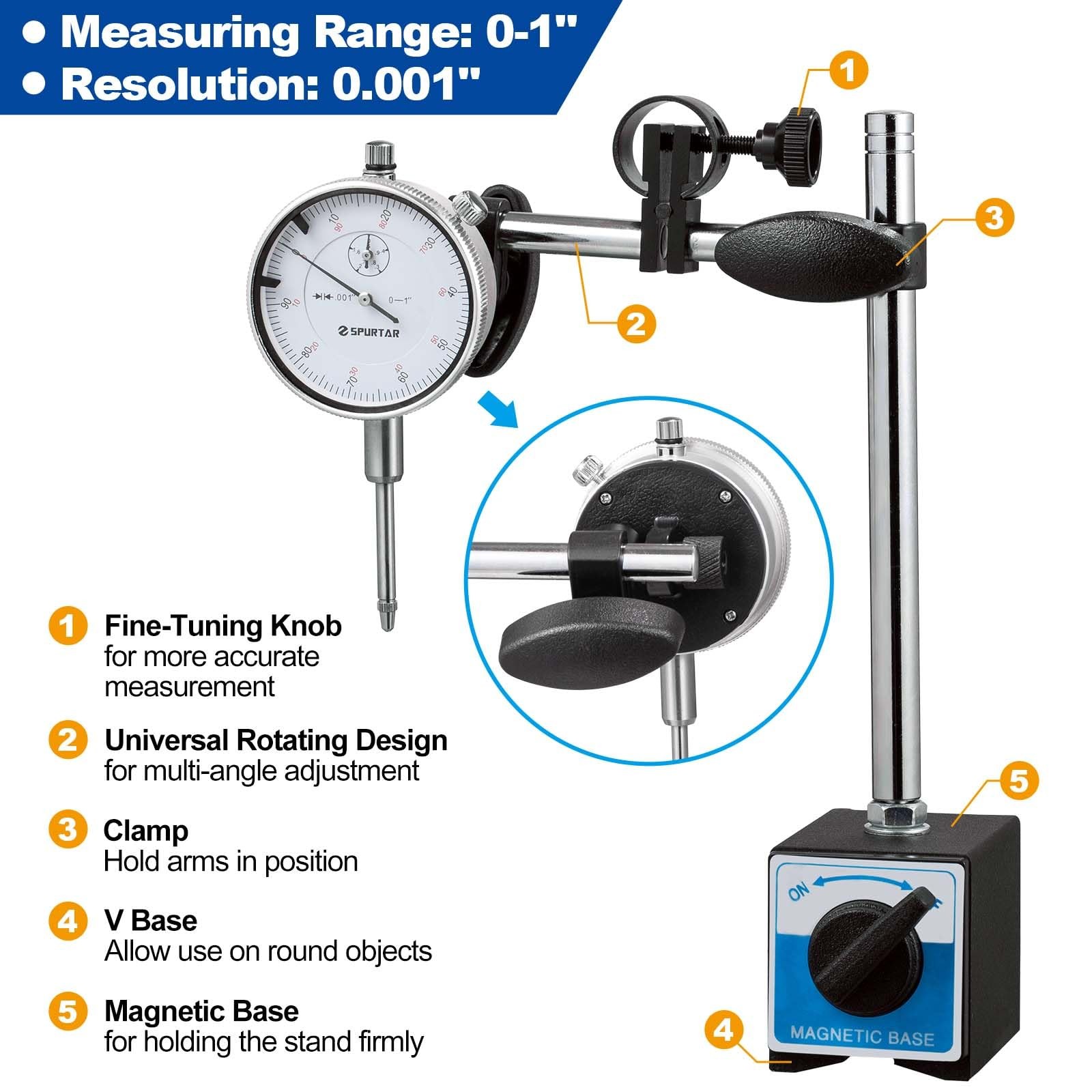 Spurtar Dial Indicator with Magnetic Base 0-1” Test 0.001”…