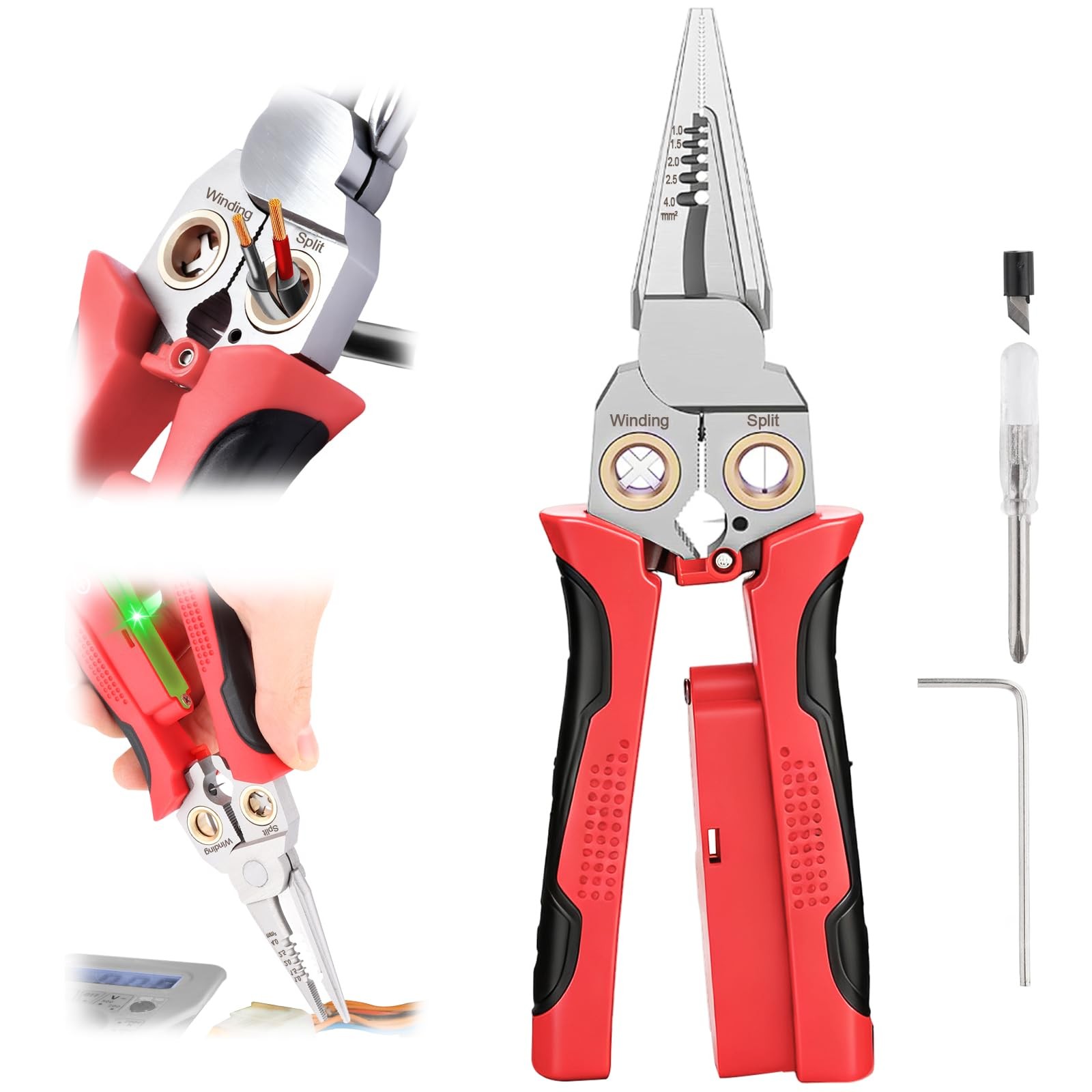 JEJIEFI Pro 8-in-1 Wire Stripping Pliers with Voltage Tester for Red