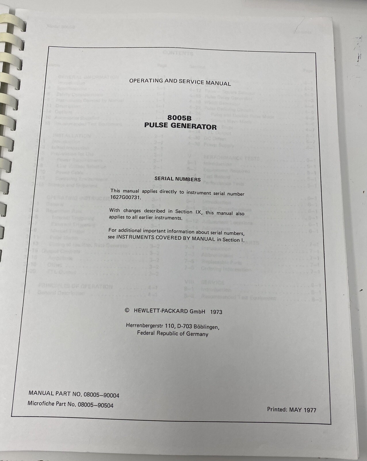 HP 8005B Pulse Generator Operating & Service Manual 08005-90003 Hewlett Packard