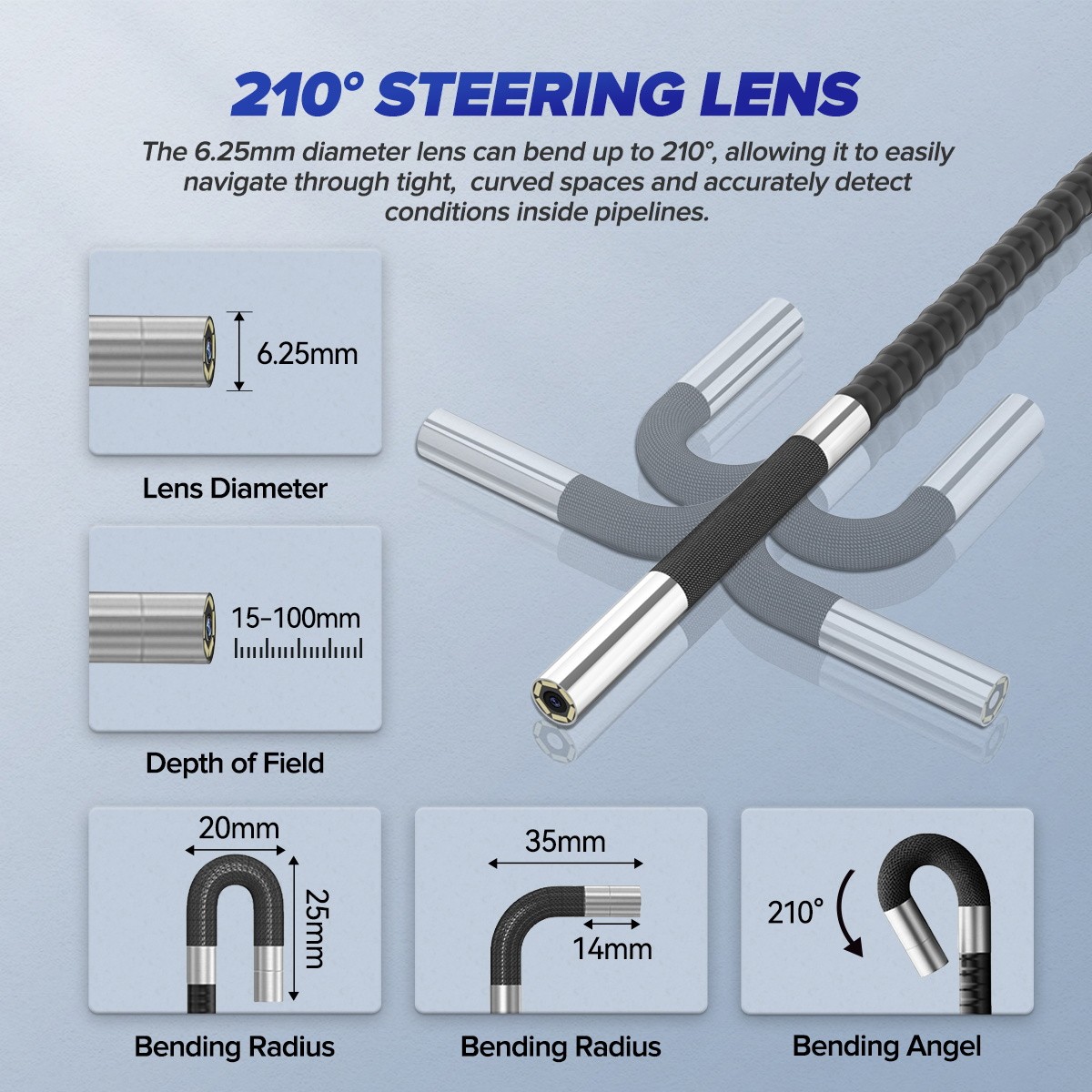 Two-Way 210° Inspection Borescope 6.25mm Endoscope Camera 3.3ft Semi Rigid