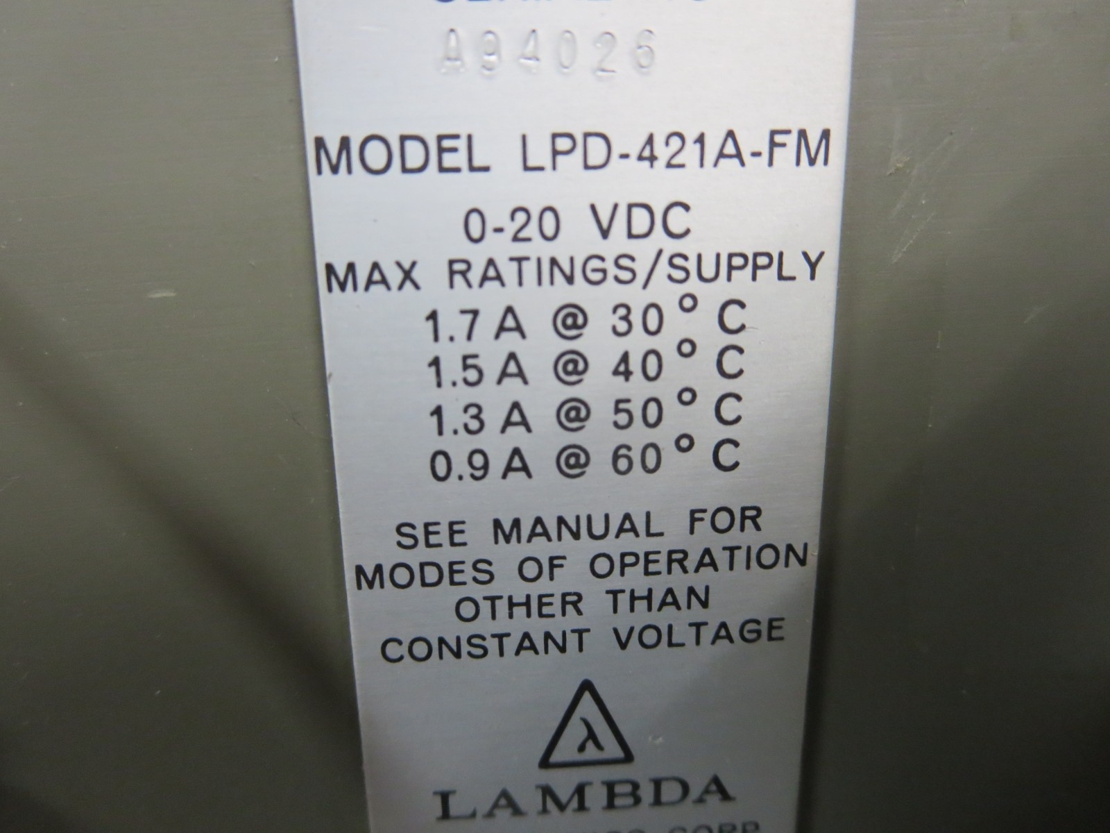 Lambda LPD-421A-FM DC PowerSupply Dual Adjustable Out:0-20V 1.7A See Pics Used