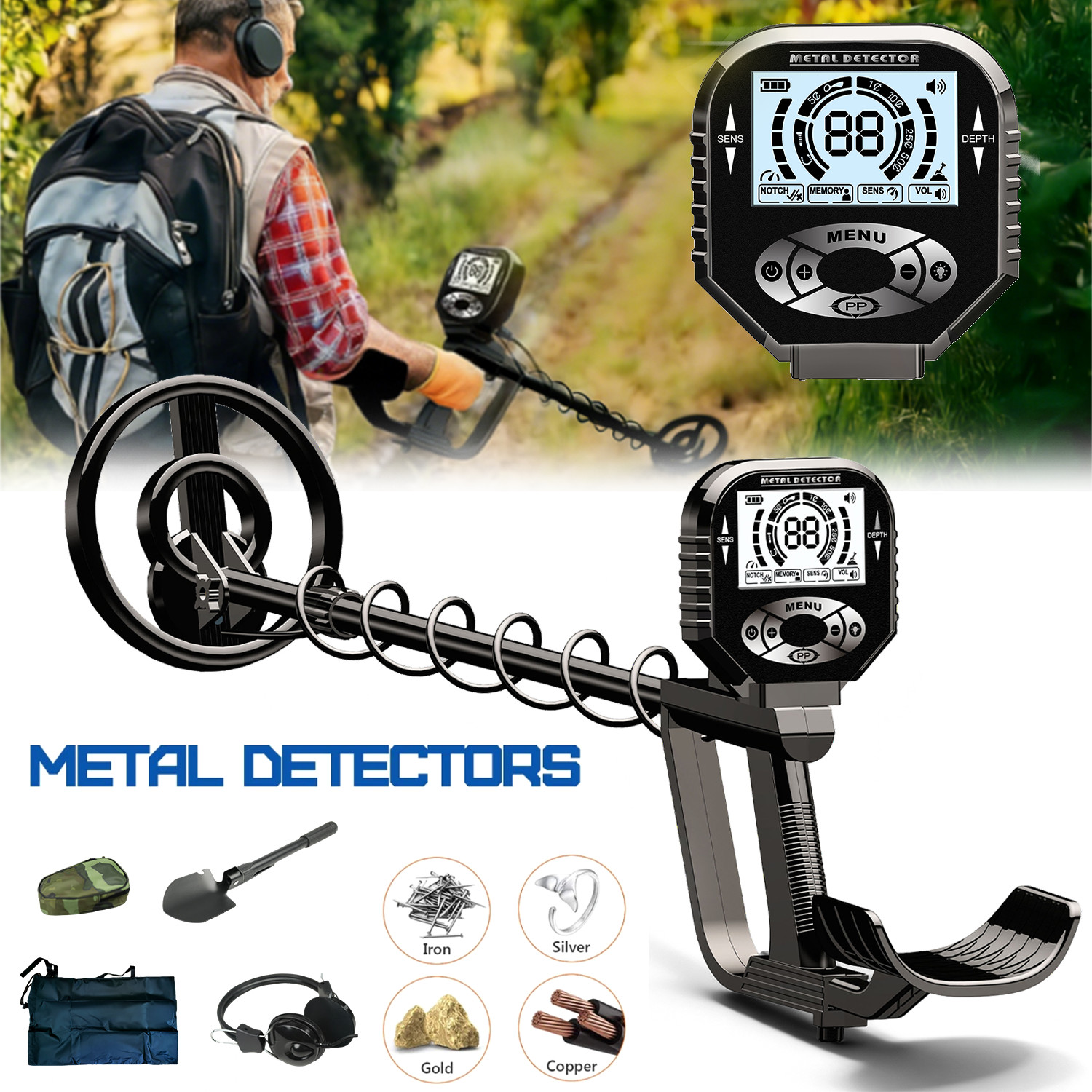 LCD Metal Detector for Adults Professional Gold Detector 8 in Coil Waterproof