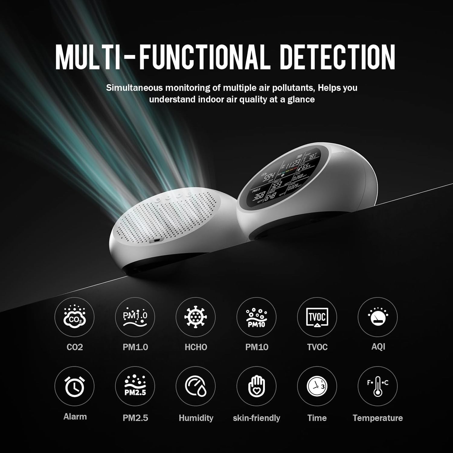 12 in 1 Air Quality Monitor Indoor Portable Indoor CO2/VOC/HCHO/PM1-2.5-10 Meter
