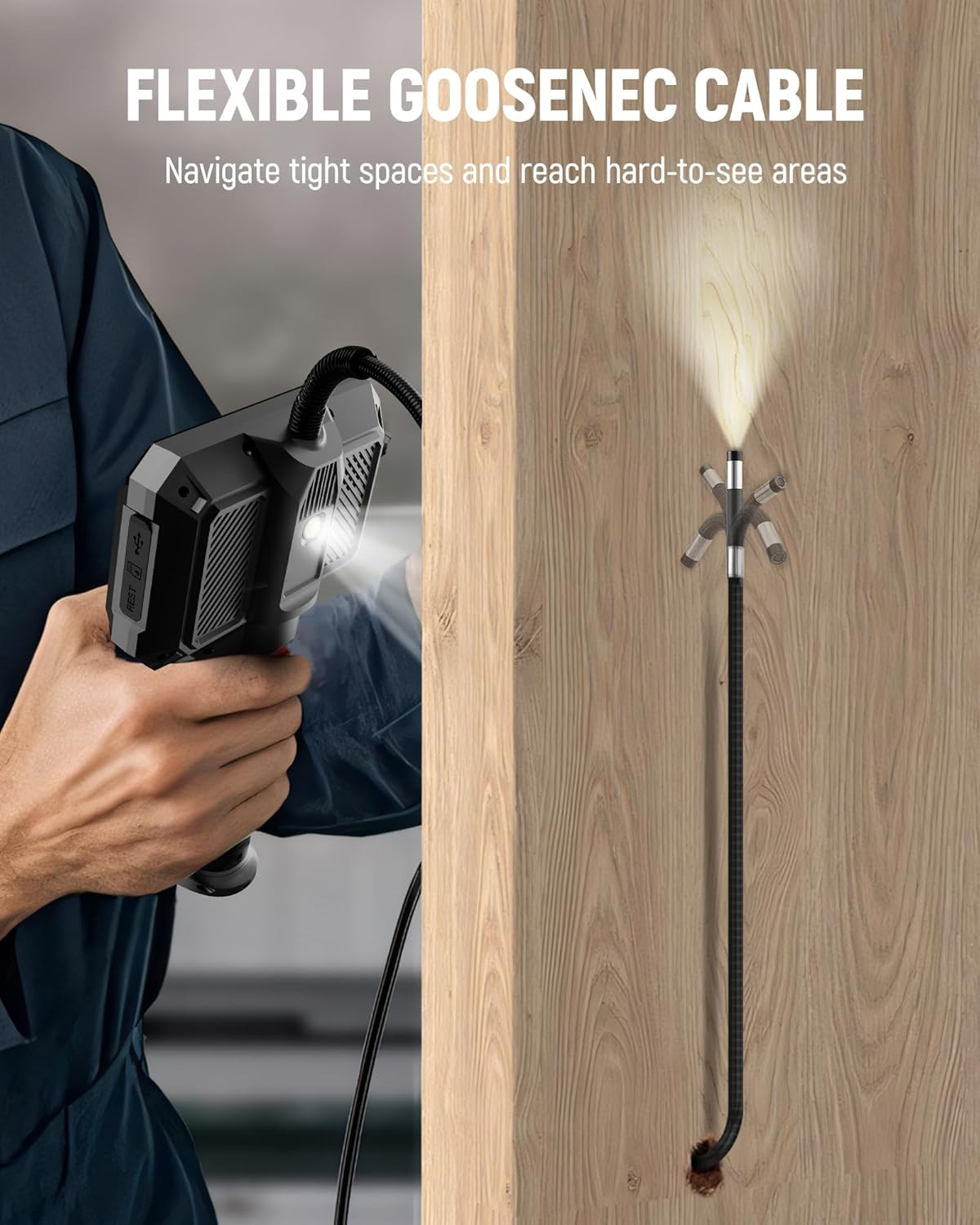 Two-Way Articulating Borescope Camera with Light, 0.25In Slim Probe, Industrial