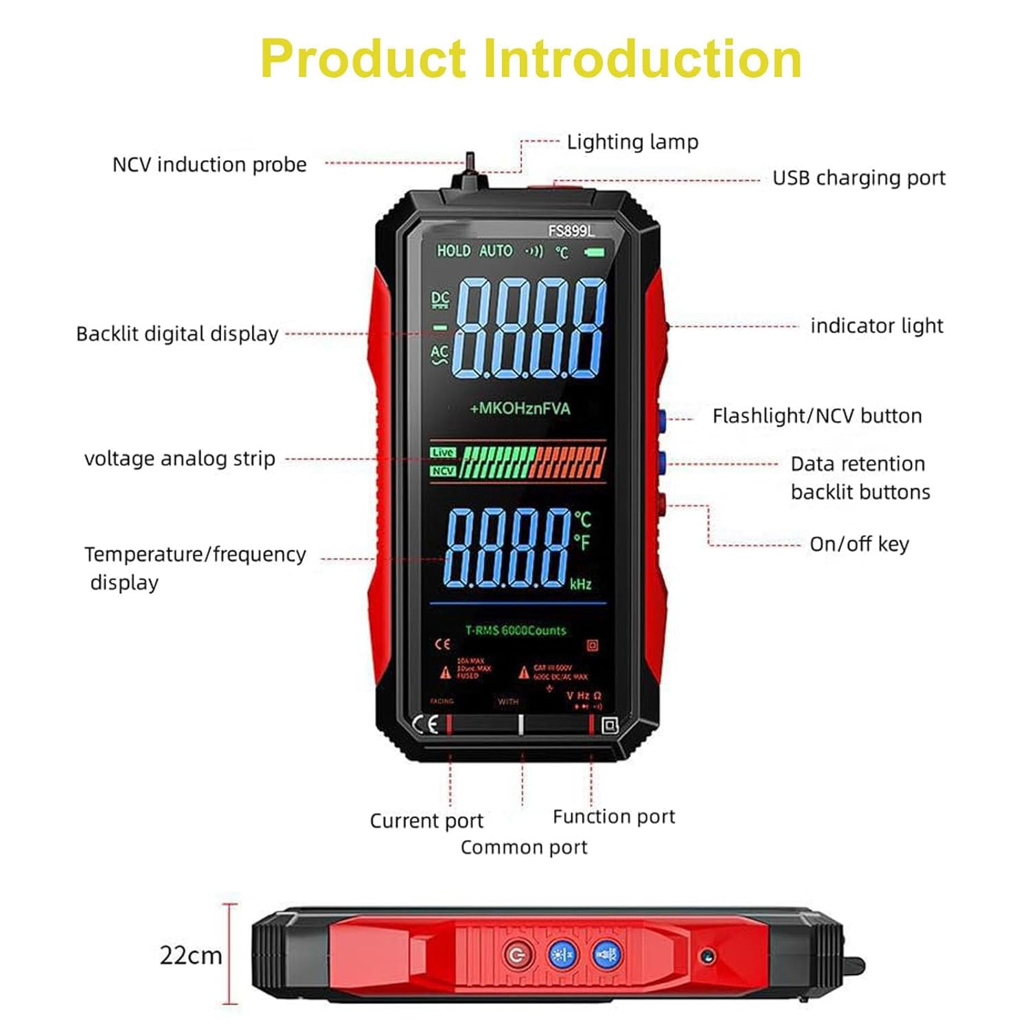 USB Rechargeable Digital Multimeter 6000 Counts Large Color Screen & Backlight