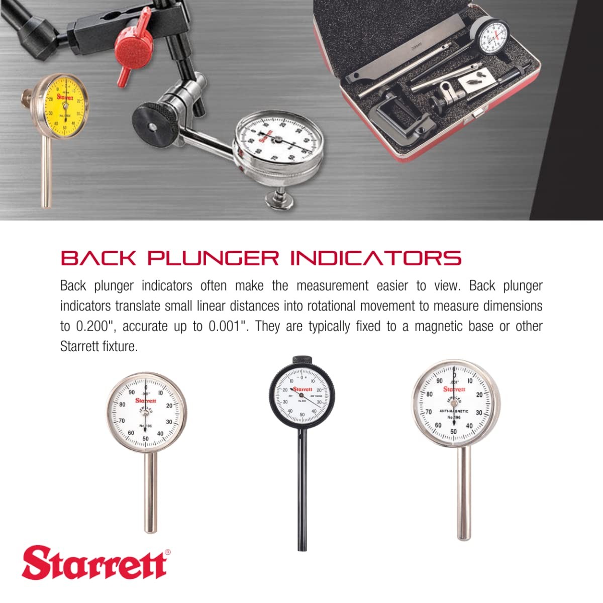 Starrett Universal Dial Test Indicator Set with Back 0-0.2″ Range, White