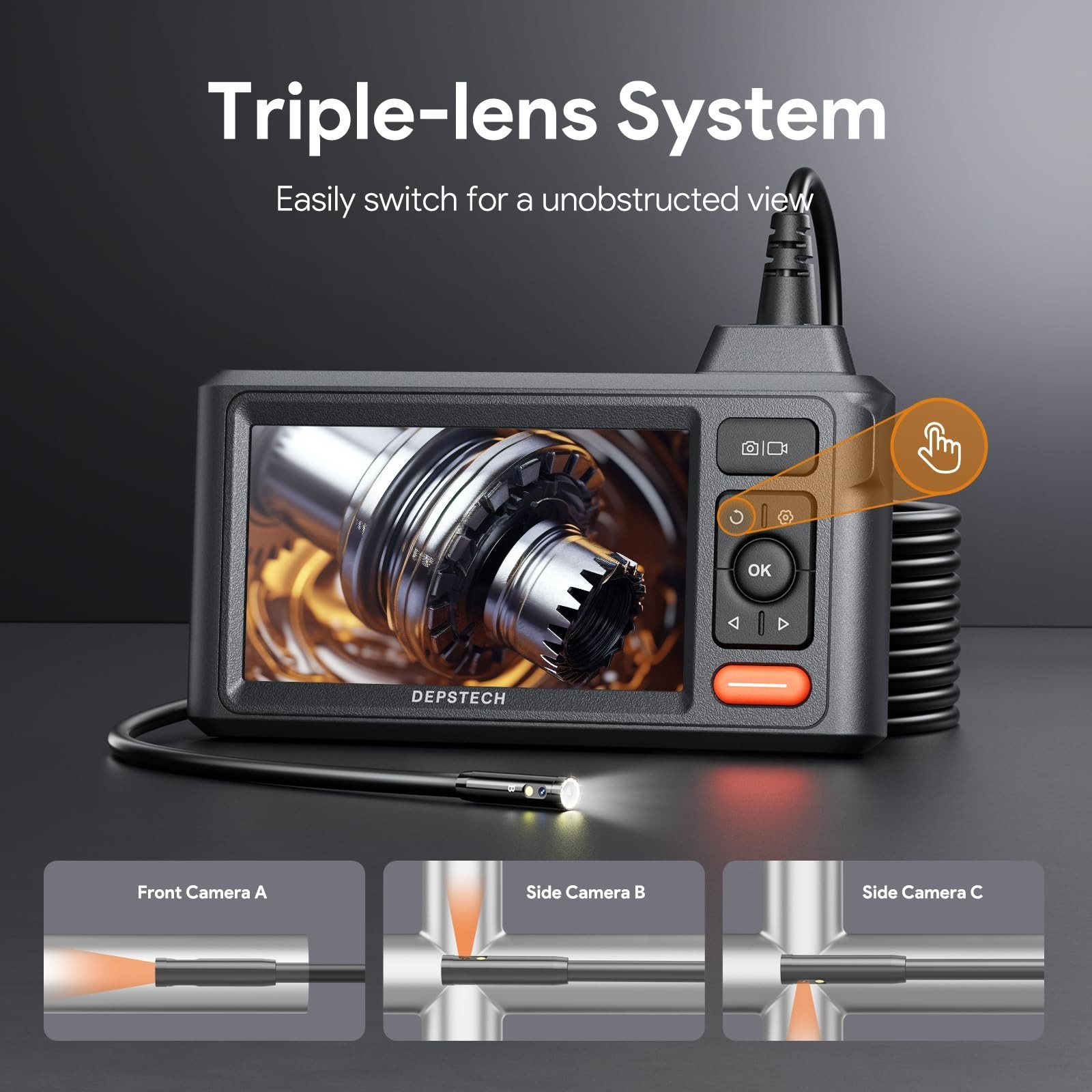 1080P Waterproof Endoscope Camera with Triple Lens & 5″ IPS Screen – 16.5FT Flex