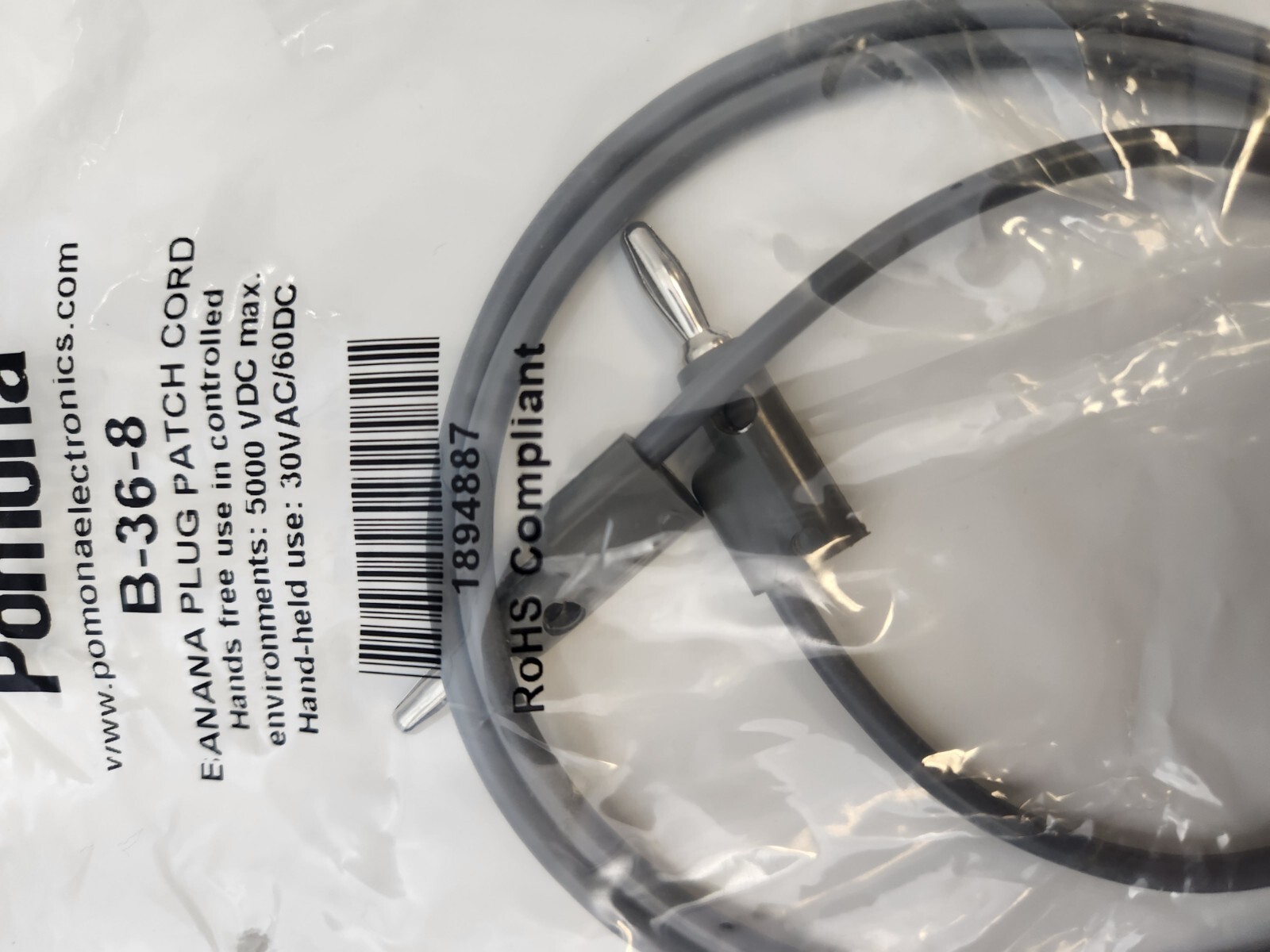 Pomona B-36-8 Stacking Banana Plug Patch Cord, Gray, 36 In.